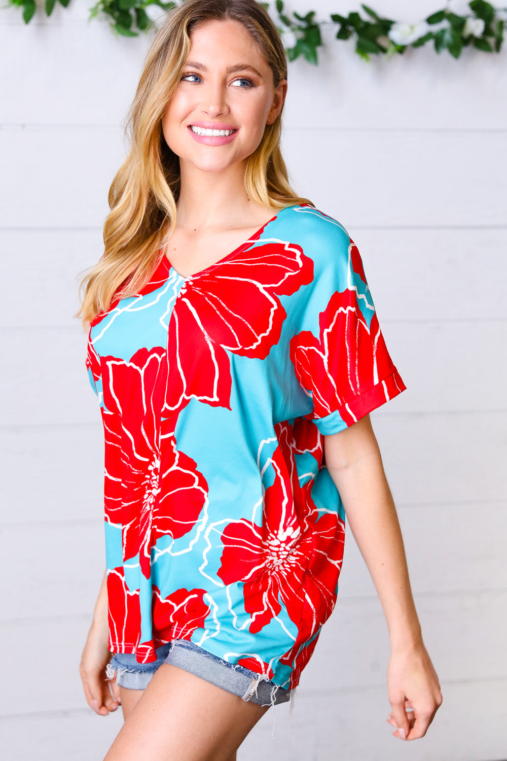 Teal & Cherry Red Floral Print V Neck Top - Charming Charlie
