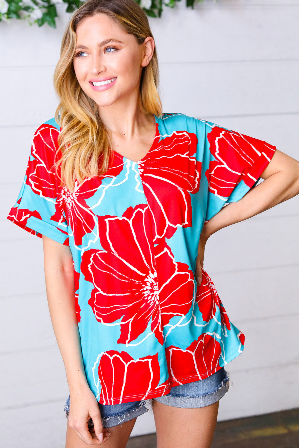 Teal & Cherry Red Floral Print V Neck Top - Charming Charlie