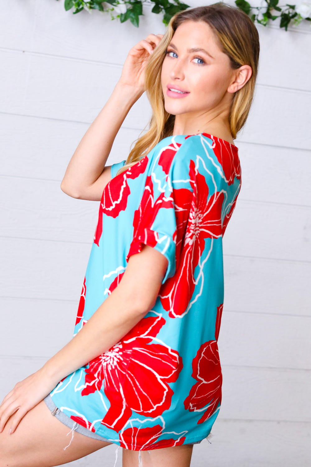 Teal & Cherry Red Floral Print V Neck Top - Charming Charlie