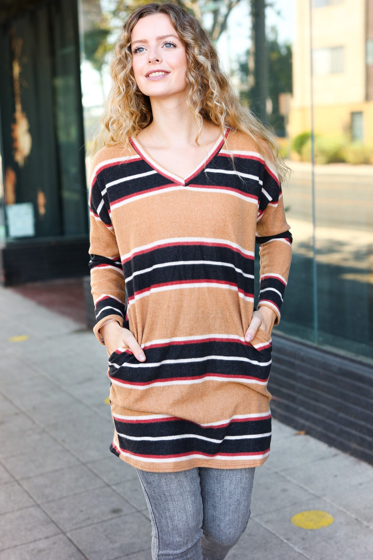 Casual Chic Taupe Hacci Stripe Pocketed Tunic/Dress - Charming Charlie