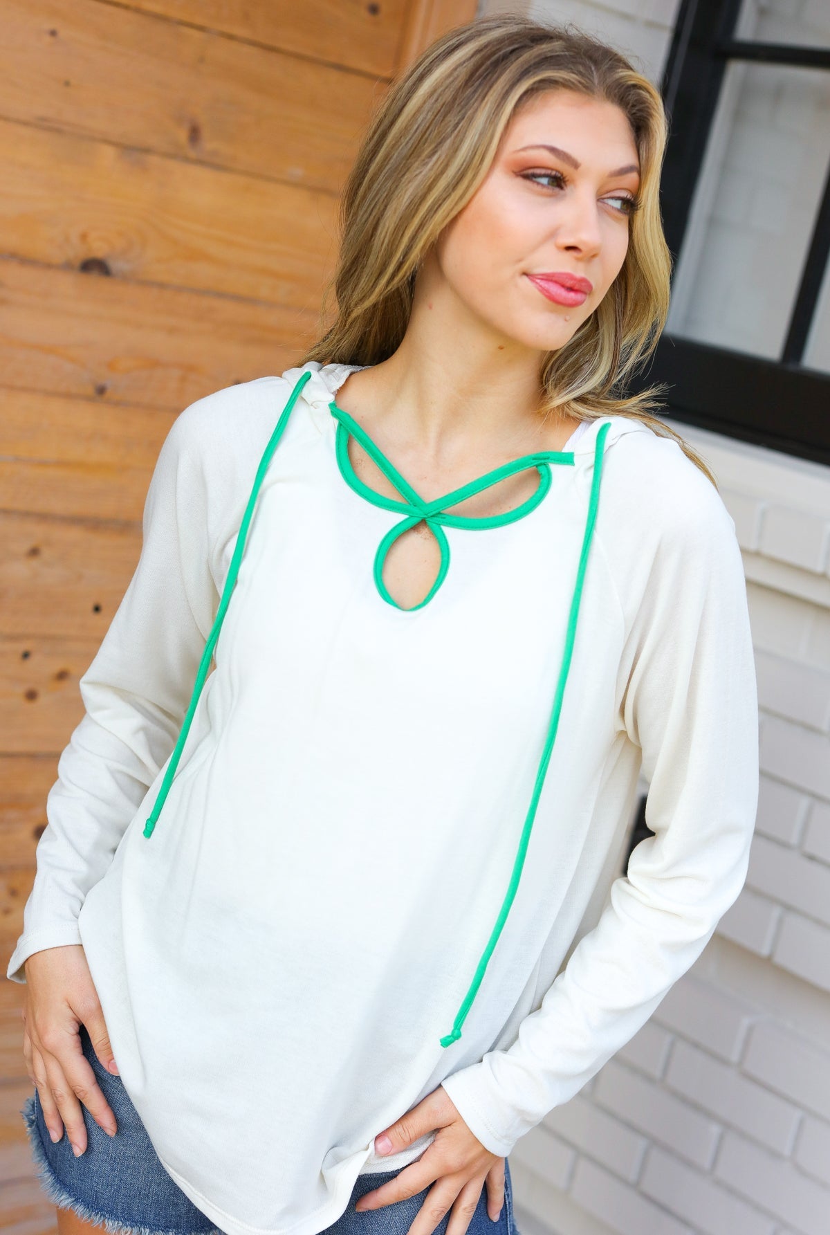 Feeling It Kelly Green Clover Cut Out Terry Hoodie - Charming Charlie