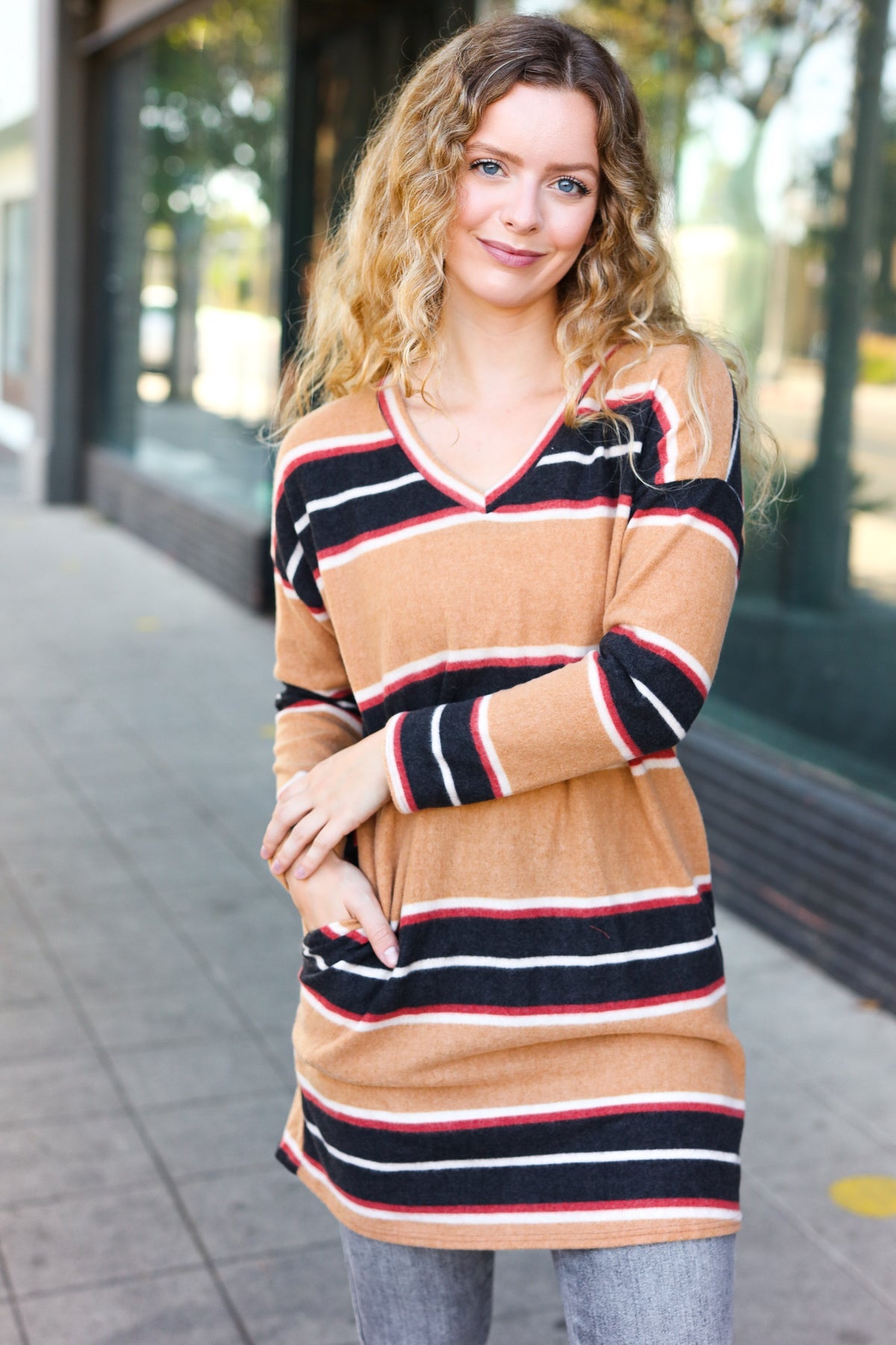 Casual Chic Taupe Hacci Stripe Pocketed Tunic/Dress - Charming Charlie