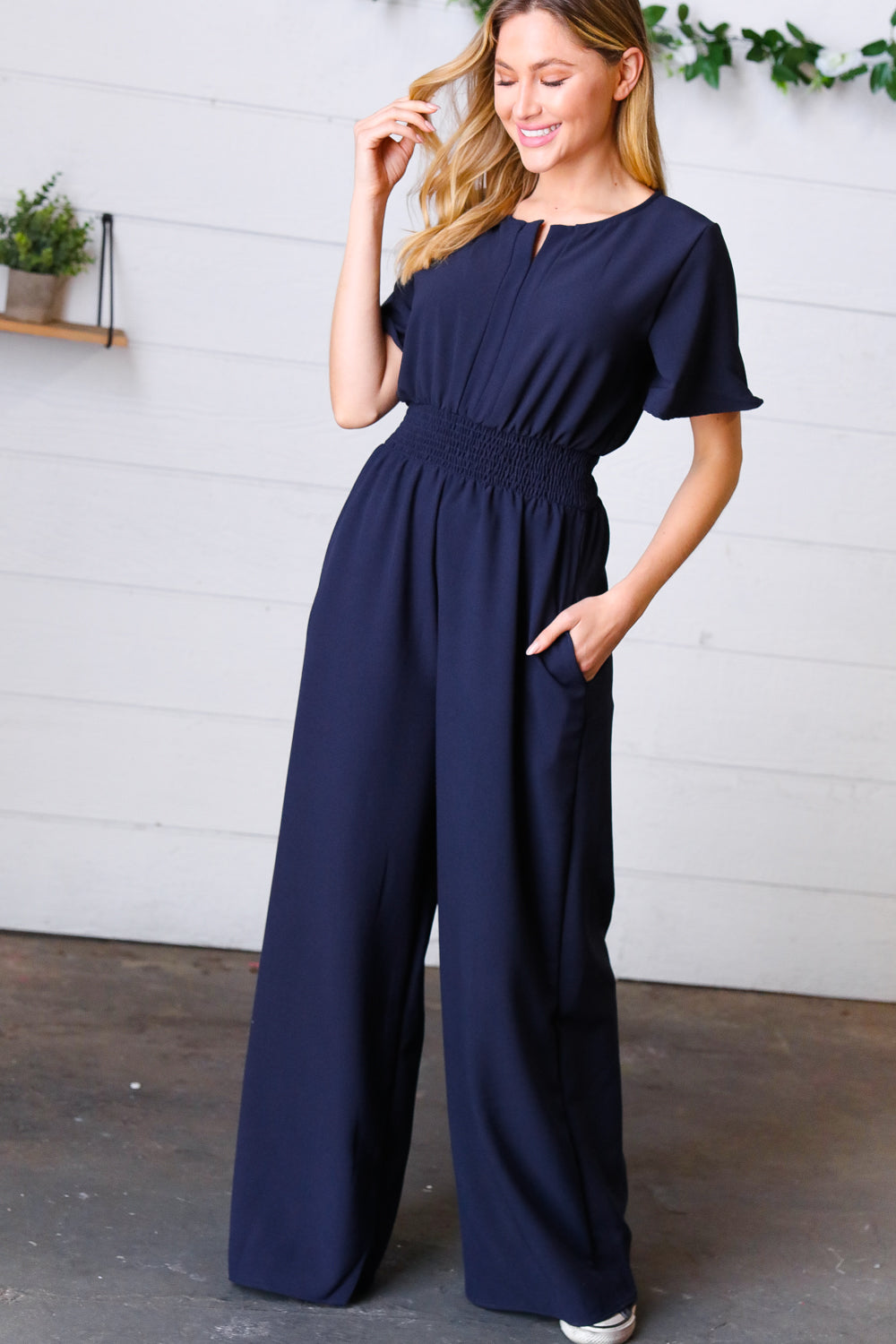 Dark Blue Smocked Waist Notch Neck Crepe Jumpsuit - Charming Charlie