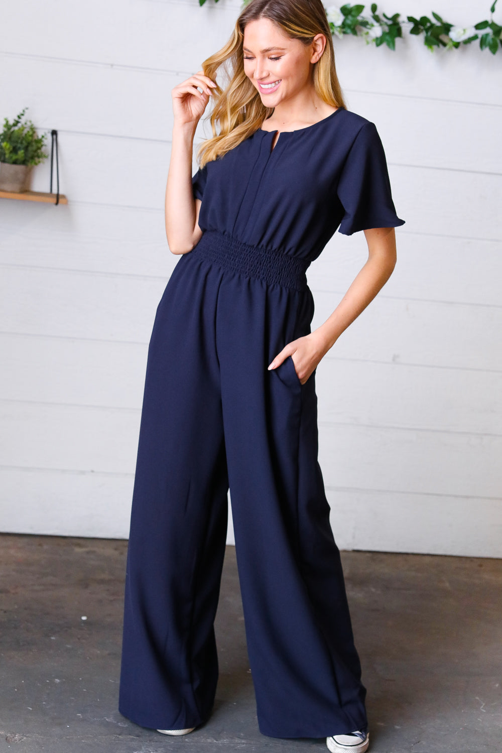 Dark Blue Smocked Waist Notch Neck Crepe Jumpsuit - Charming Charlie