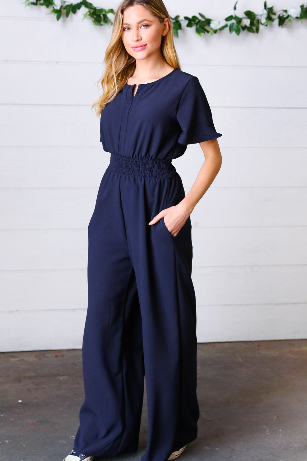 Dark Blue Smocked Waist Notch Neck Crepe Jumpsuit - Charming Charlie