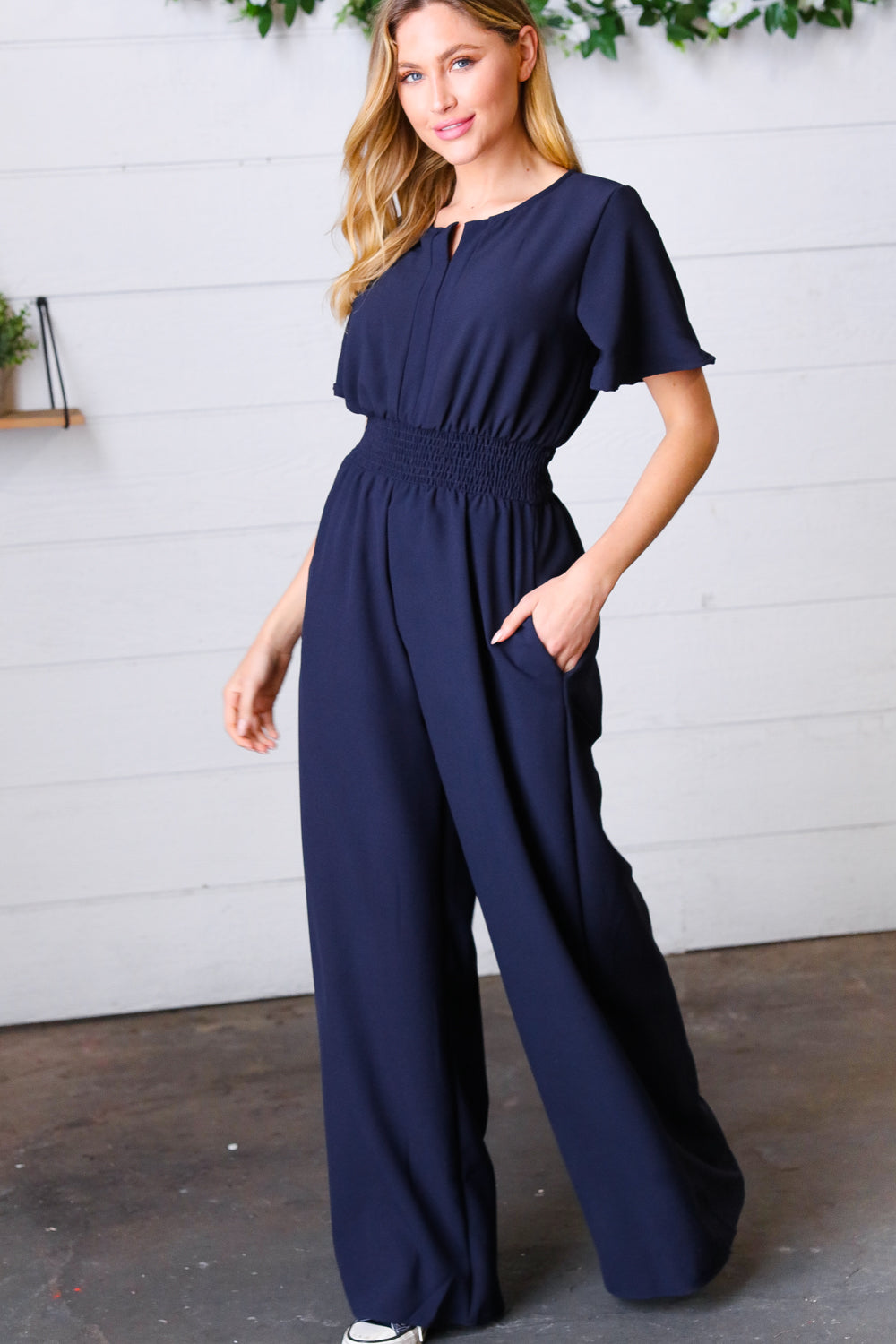Dark Blue Smocked Waist Notch Neck Crepe Jumpsuit - Charming Charlie