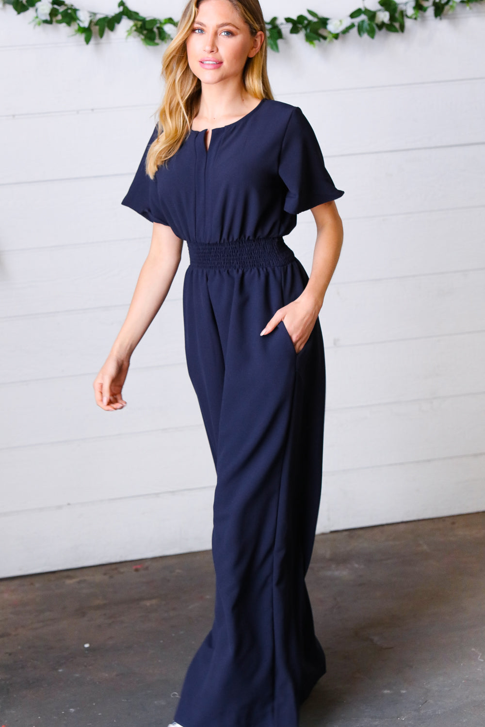 Dark Blue Smocked Waist Notch Neck Crepe Jumpsuit - Charming Charlie