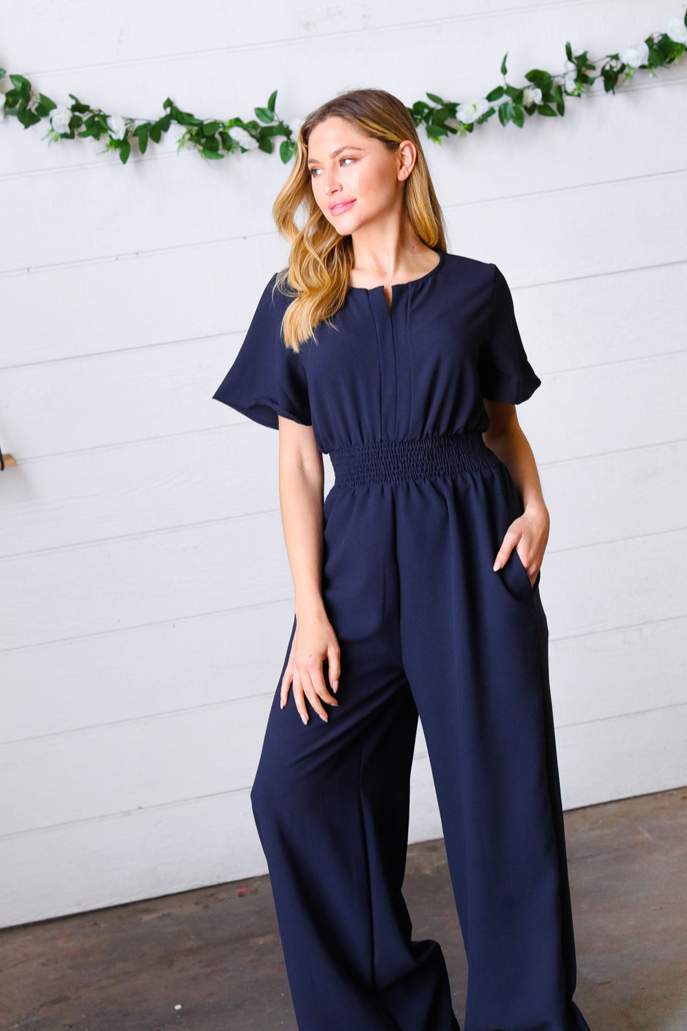 Dark Blue Smocked Waist Notch Neck Crepe Jumpsuit - Charming Charlie