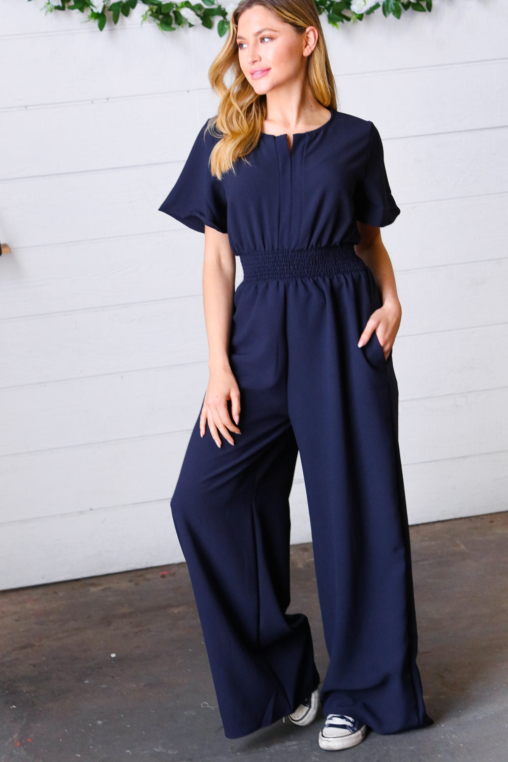 Dark Blue Smocked Waist Notch Neck Crepe Jumpsuit - Charming Charlie