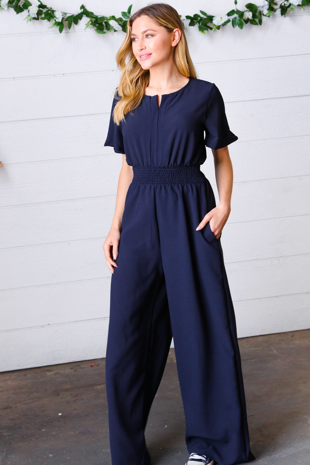 Dark Blue Smocked Waist Notch Neck Crepe Jumpsuit - Charming Charlie