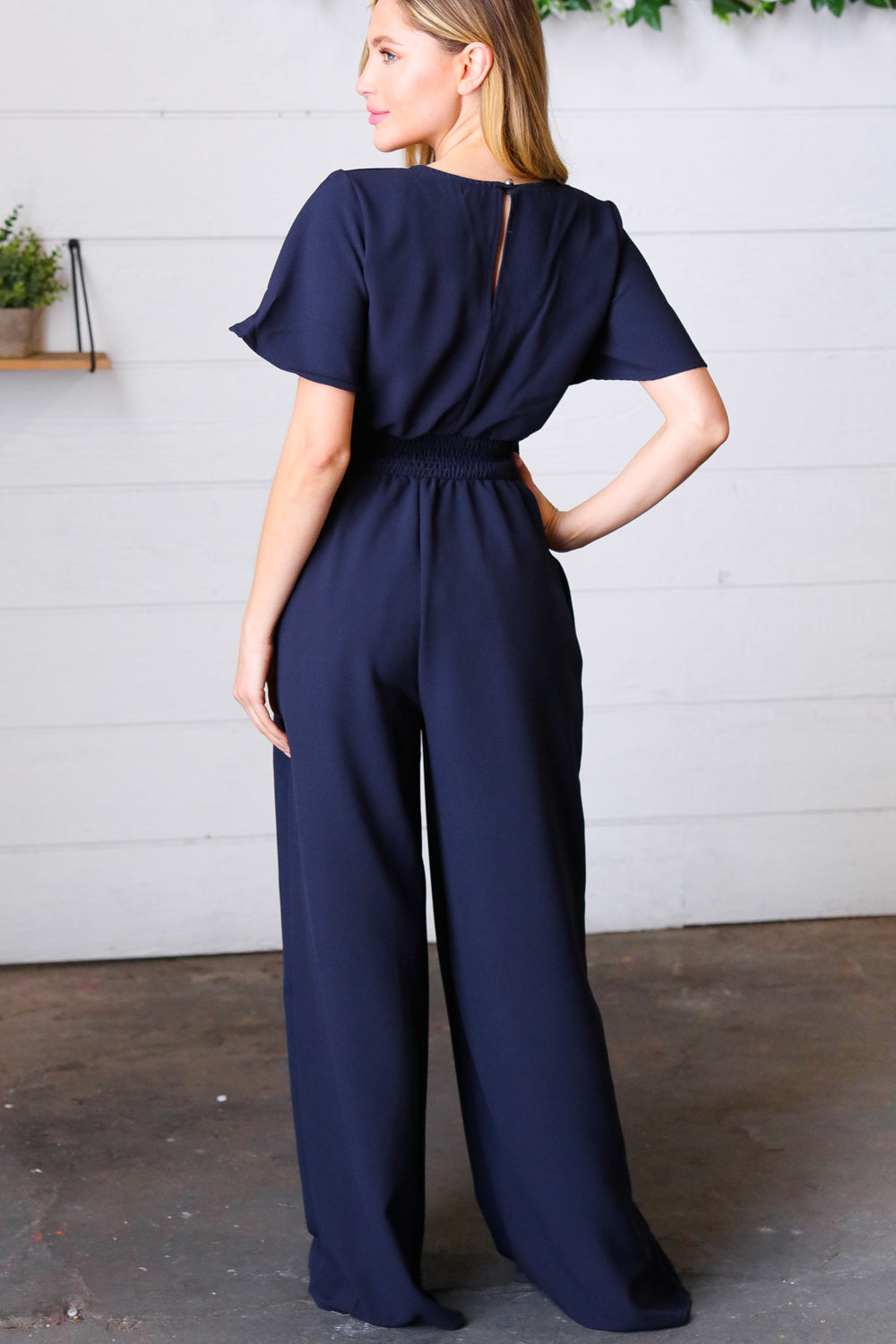 Dark Blue Smocked Waist Notch Neck Crepe Jumpsuit - Charming Charlie
