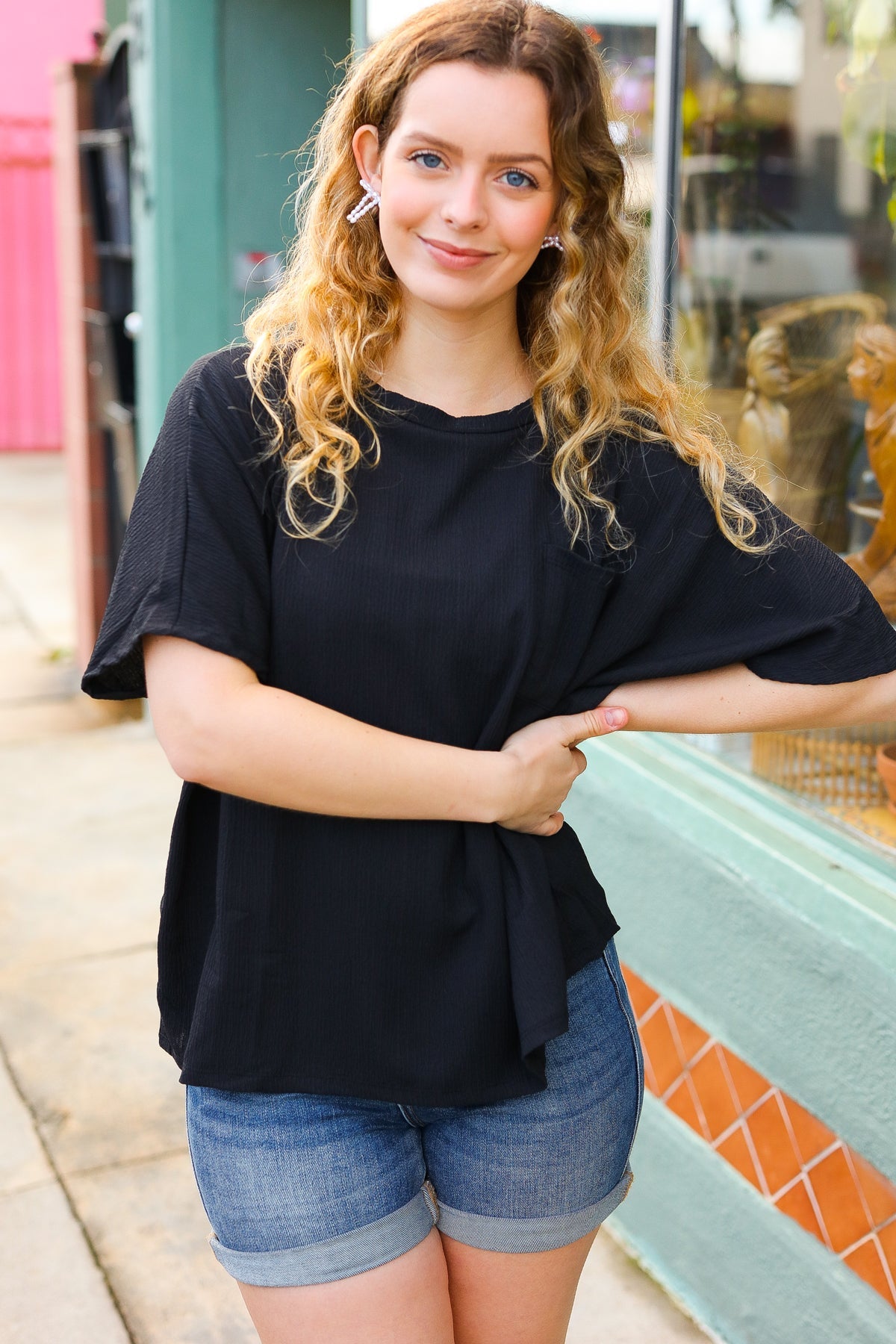 Be Bold Black Crinkle Texture Pocketed Dolman Top - Charming Charlie