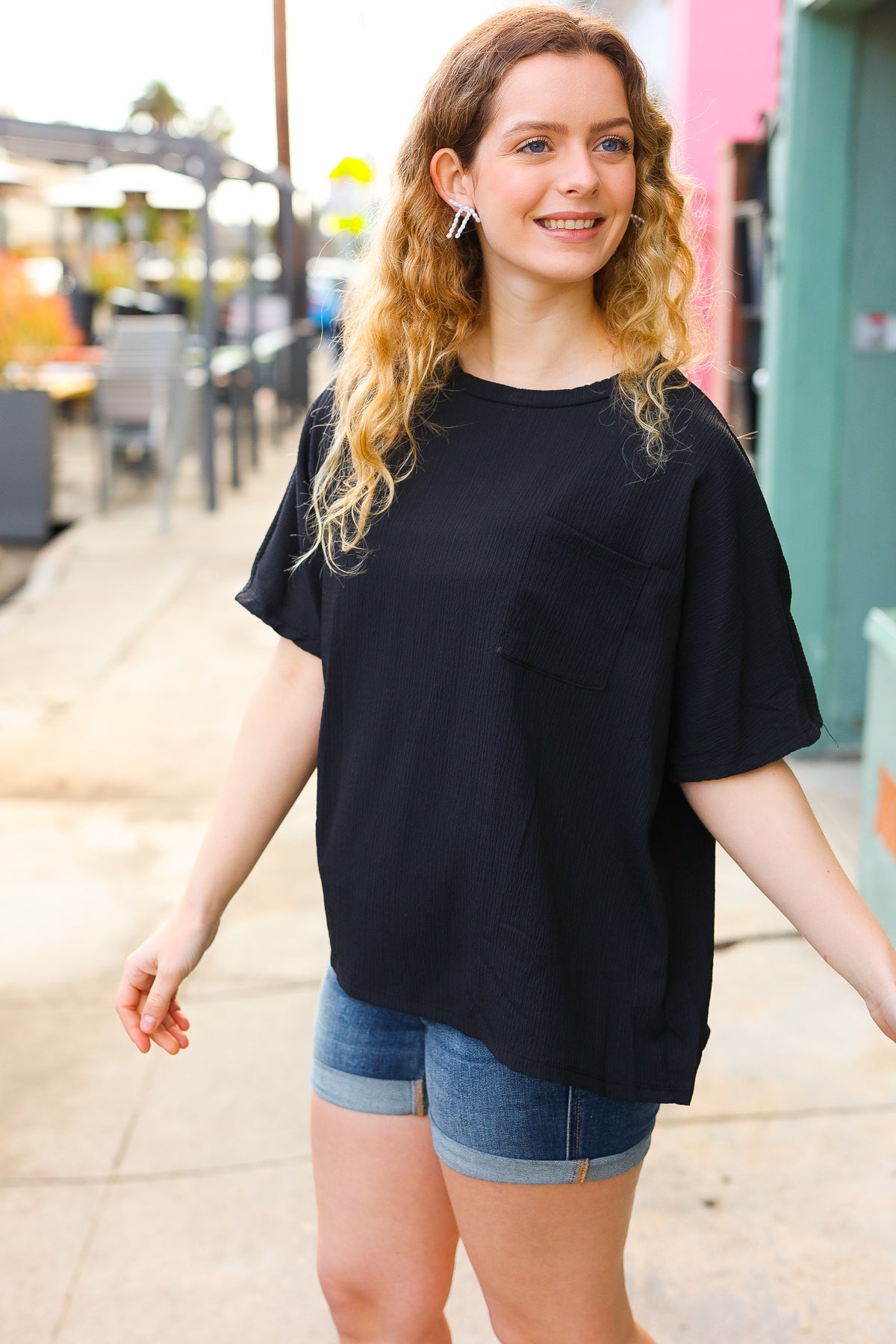 Be Bold Black Crinkle Texture Pocketed Dolman Top - Charming Charlie