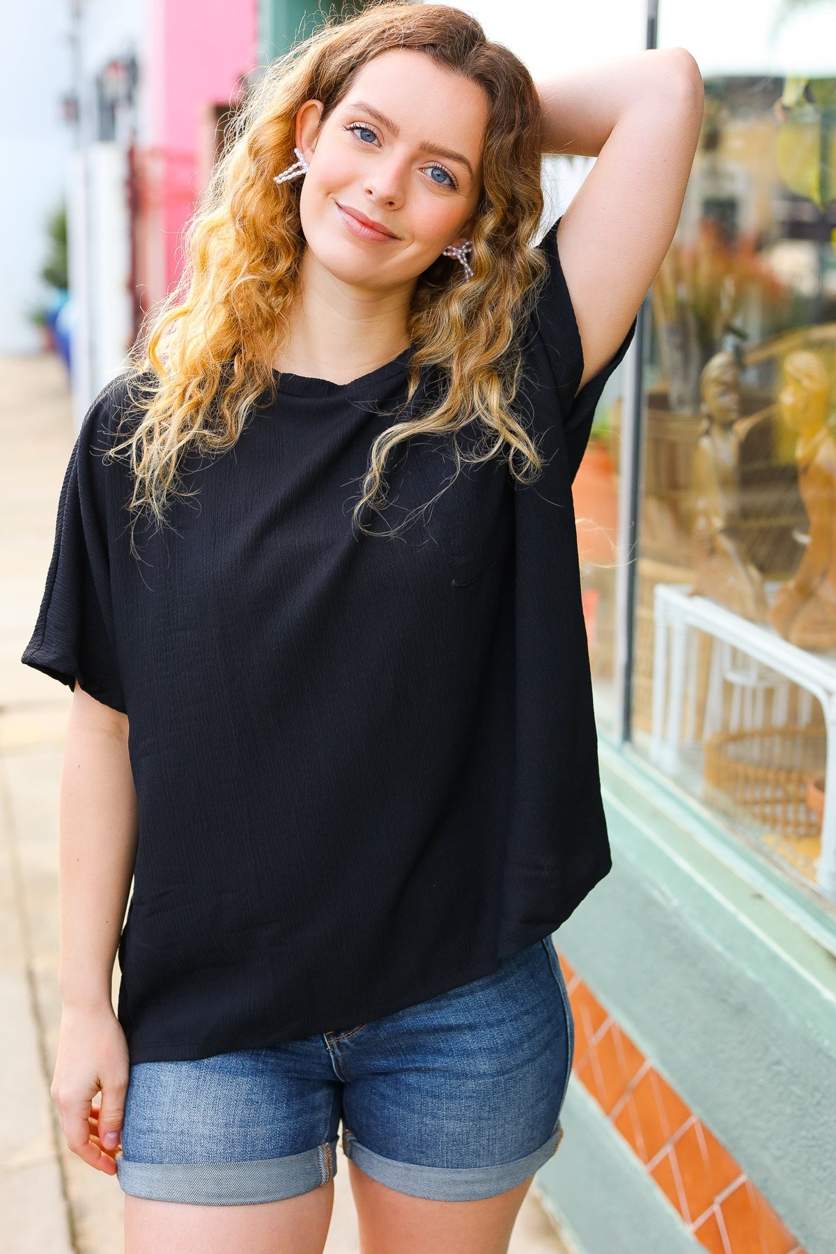 Be Bold Black Crinkle Texture Pocketed Dolman Top - Charming Charlie