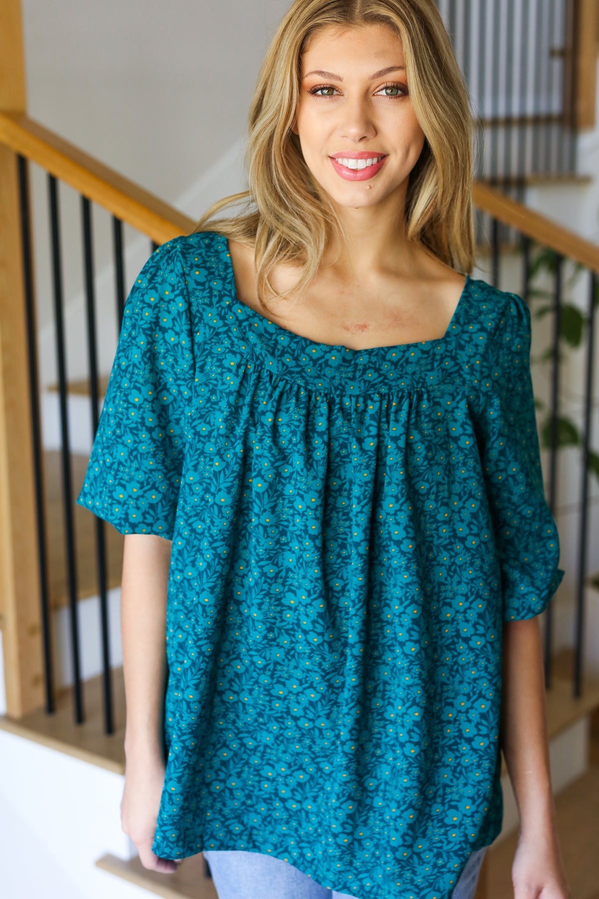 Perfectly You Teal Floral Three Quarter Sleeve Square Neck Top - Charming Charlie