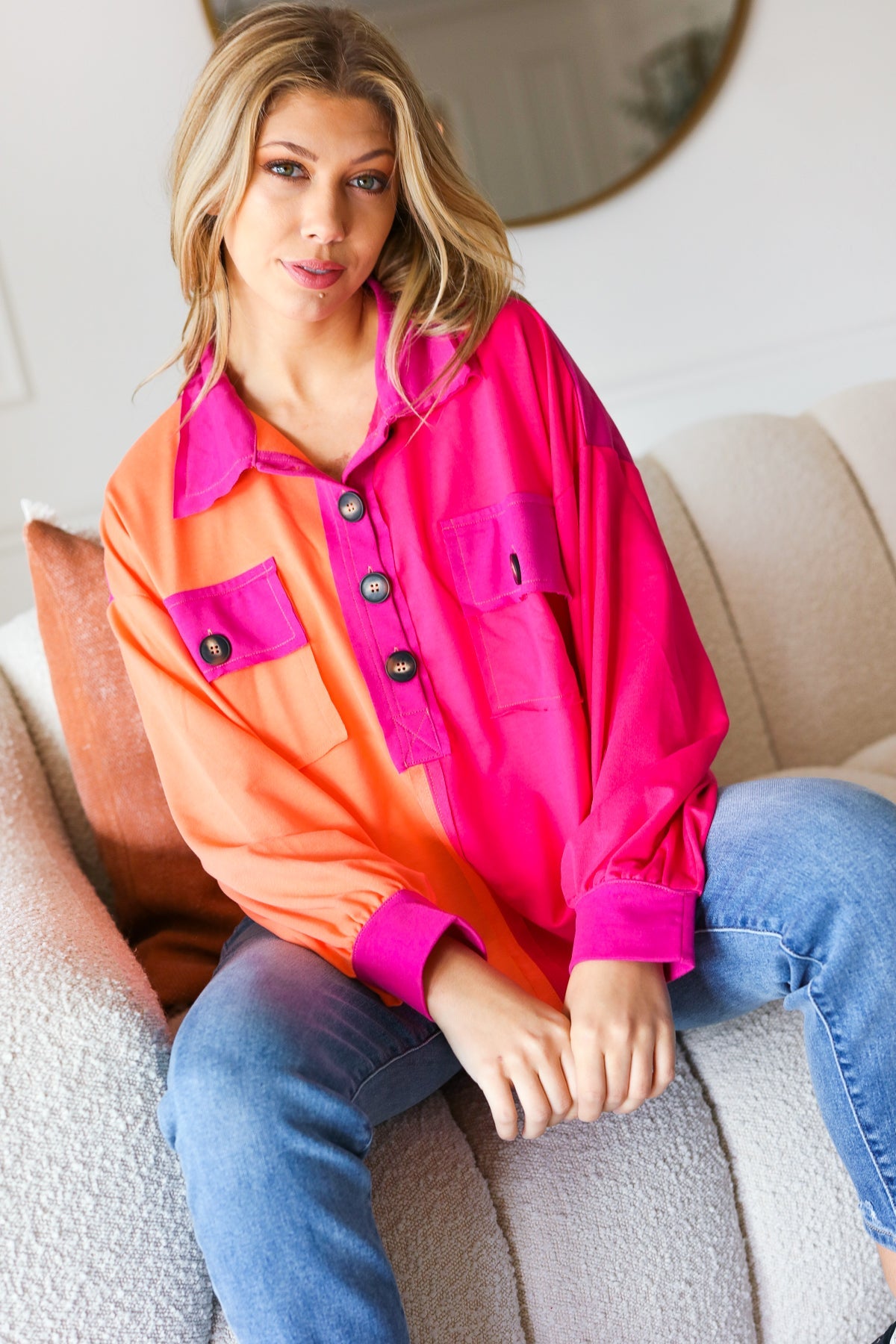 Feeling Bold Orange & Fuchsia Color Block Button Down Top - Charming Charlie