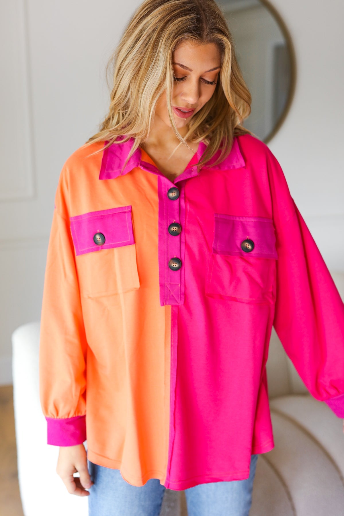 Feeling Bold Orange & Fuchsia Color Block Button Down Top - Charming Charlie