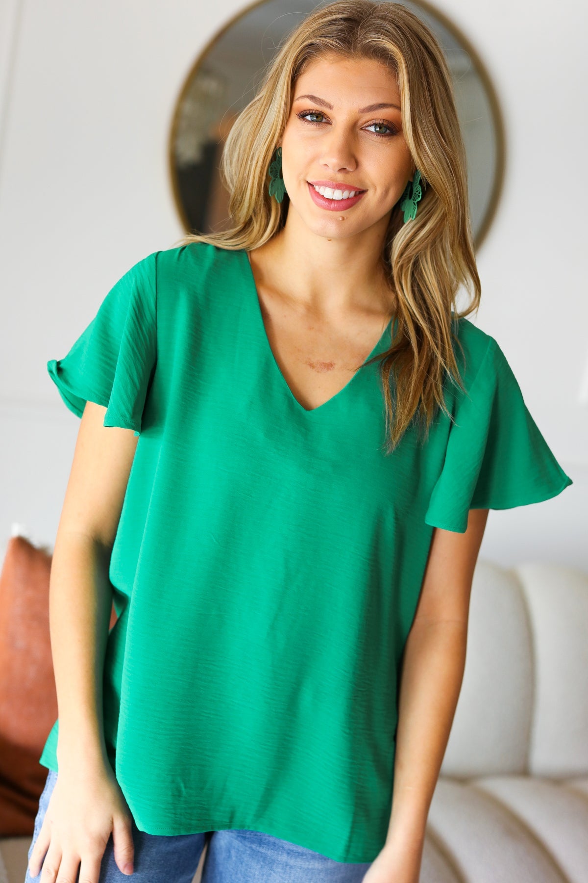 In Your Dreams Emerald Green Flutter Sleeve V Neck Top - Charming Charlie