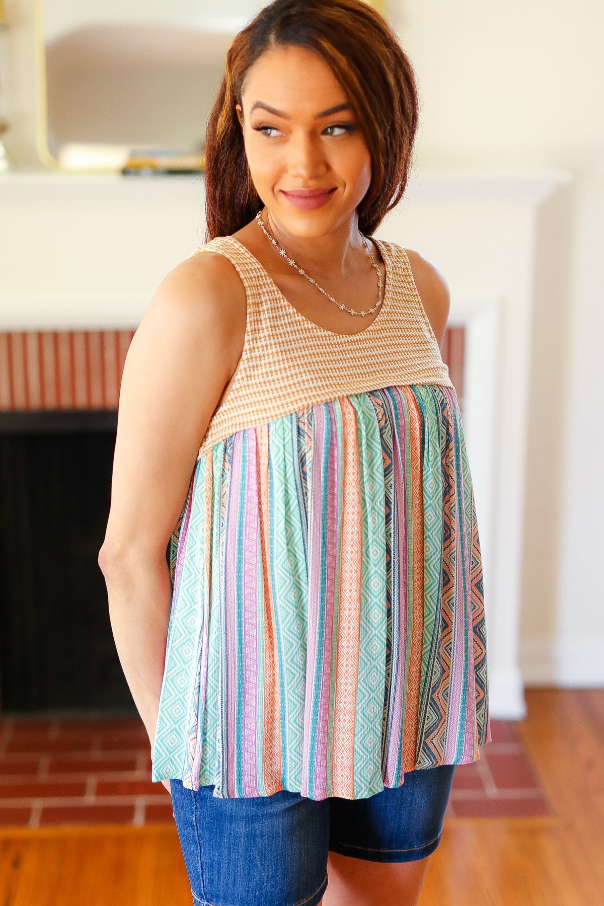 Mustard Two-Tone Boho Print Back Tie Tank - Charming Charlie