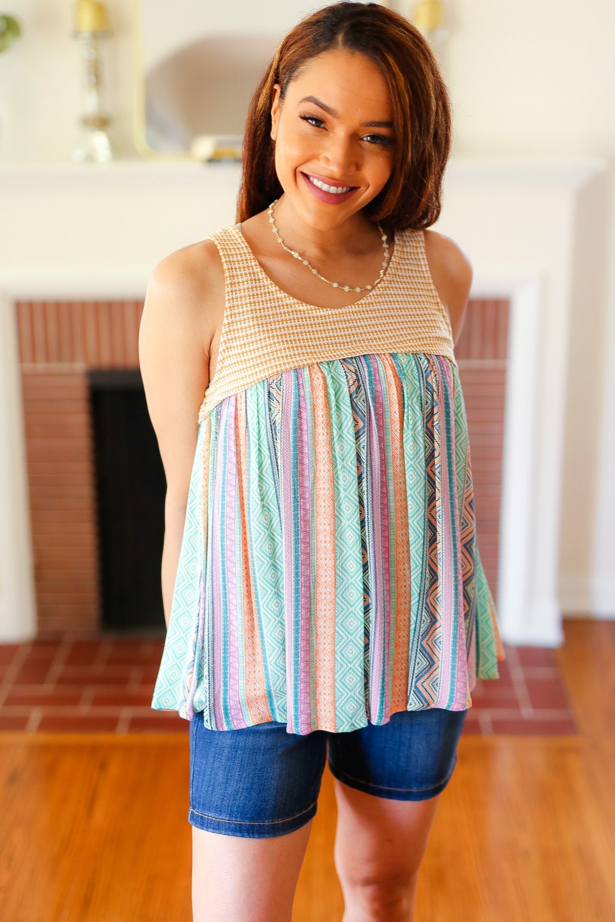 Mustard Two-Tone Boho Print Back Tie Tank - Charming Charlie