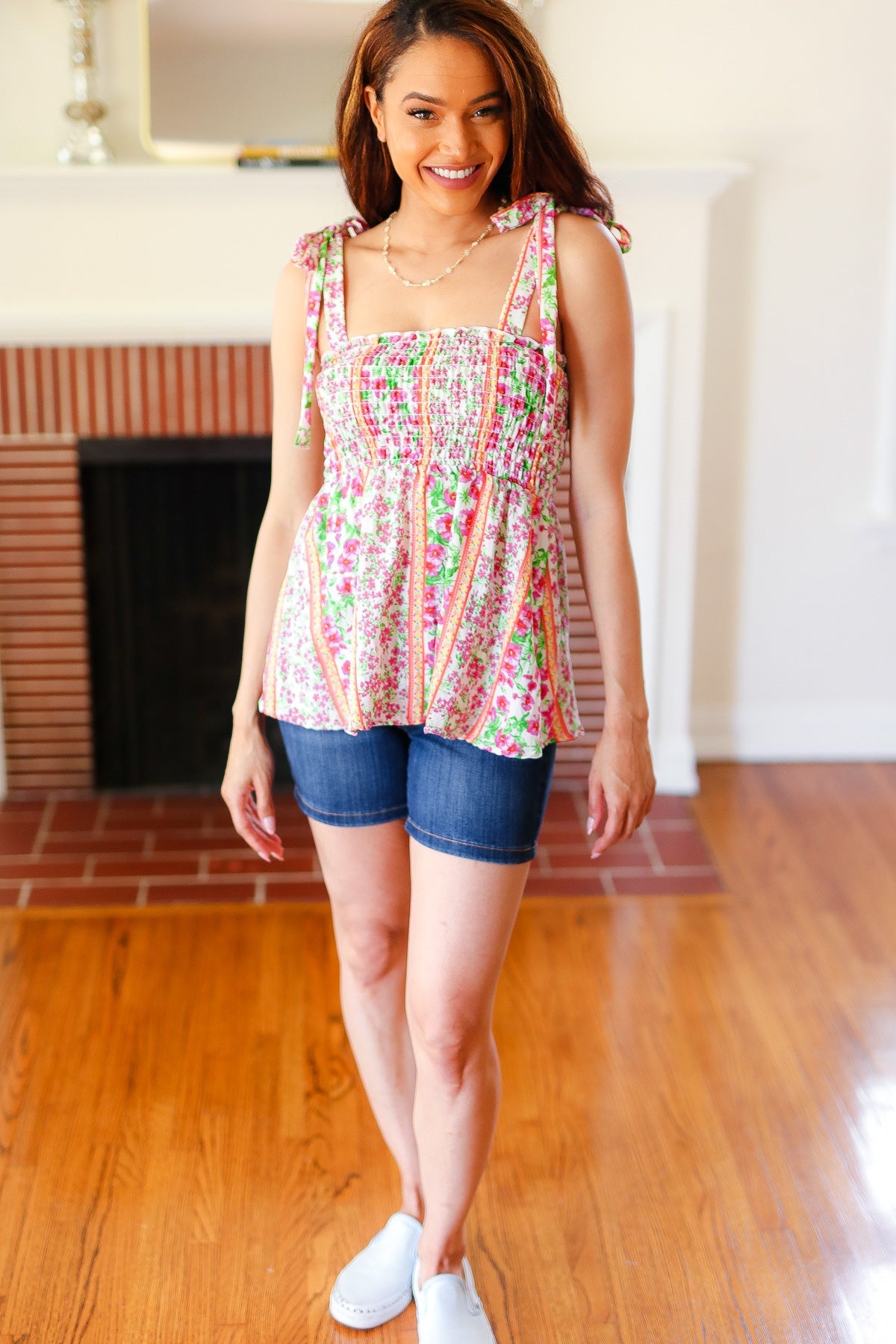 Summer Days Ivory & Fuchsia Floral Smocked Shoulder Tie Top - Charming Charlie