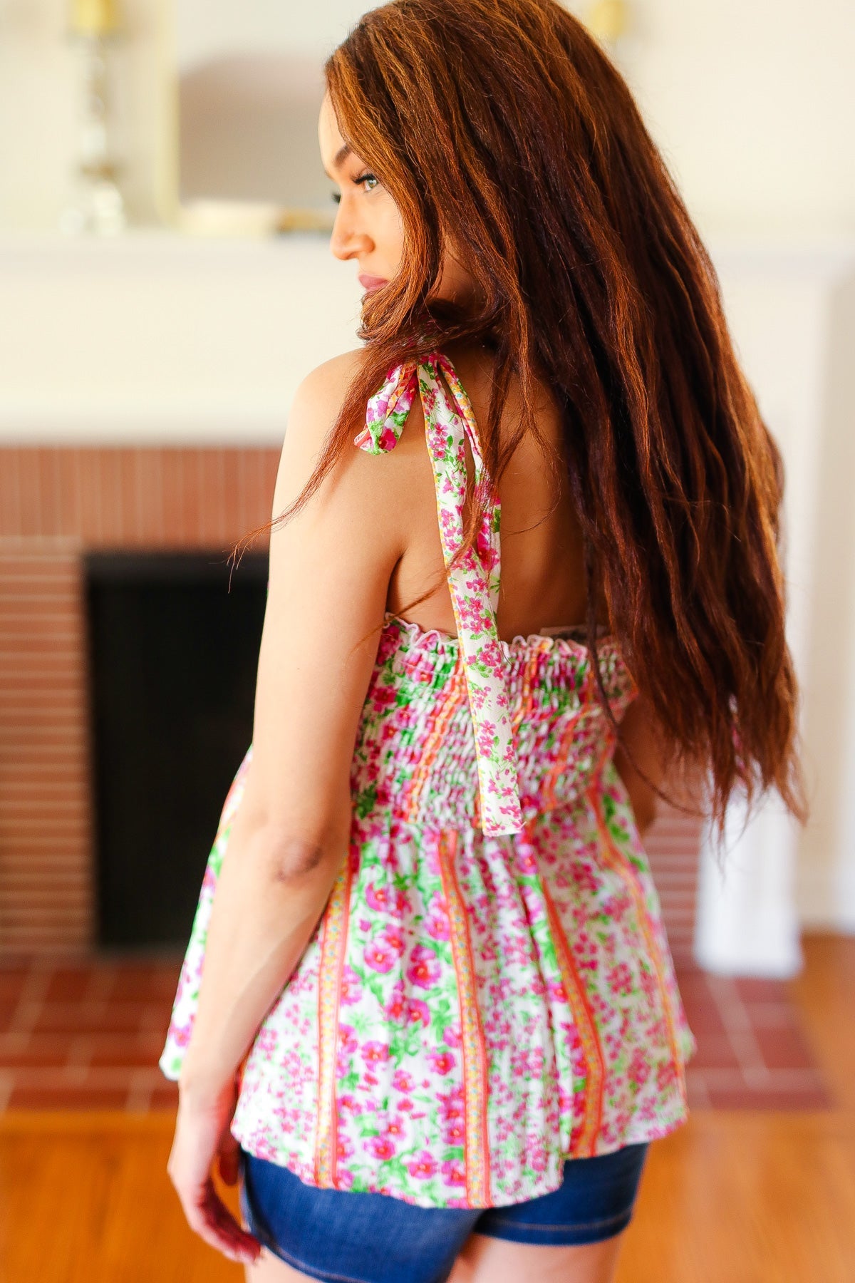 Summer Days Ivory & Fuchsia Floral Smocked Shoulder Tie Top - Charming Charlie