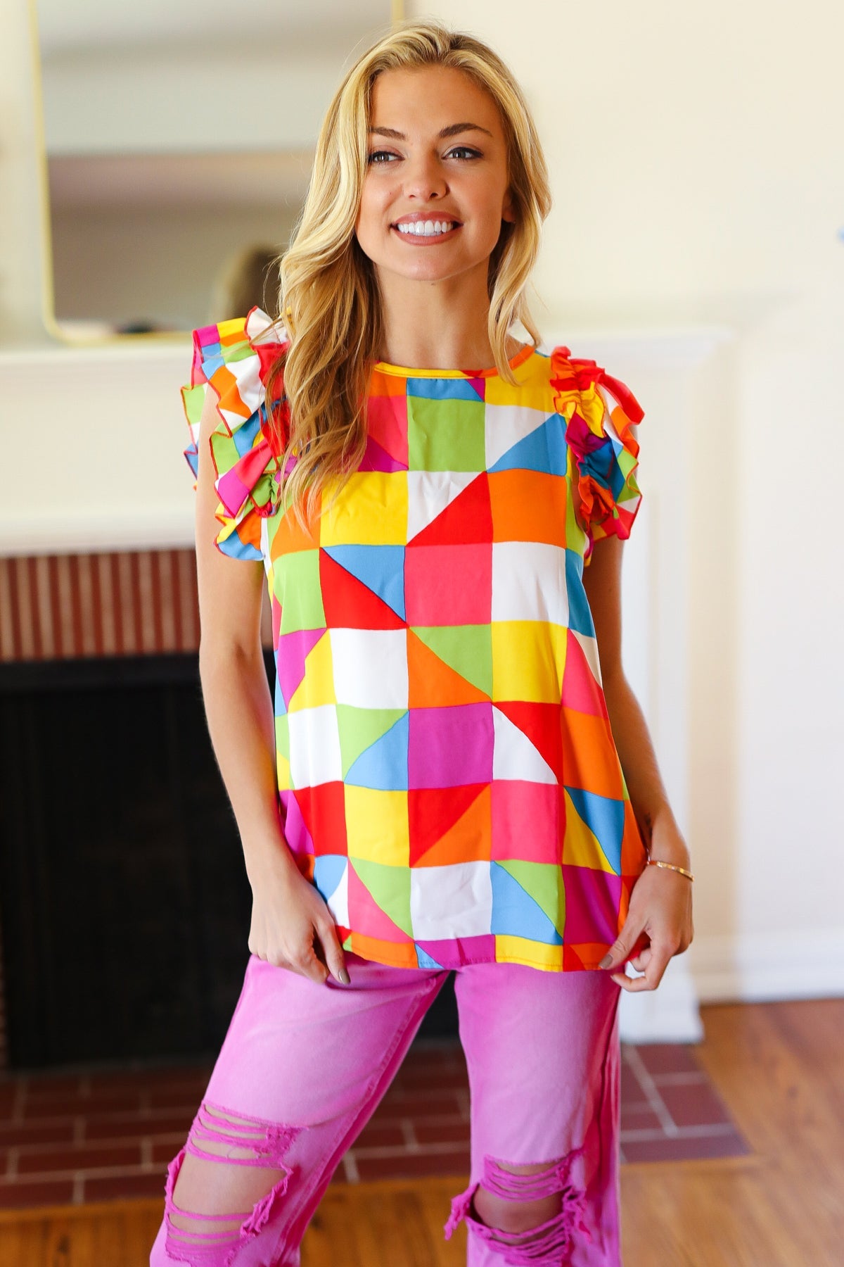 You Got This Red Geometric Print Double Ruffle Sleeve Top - Charming Charlie