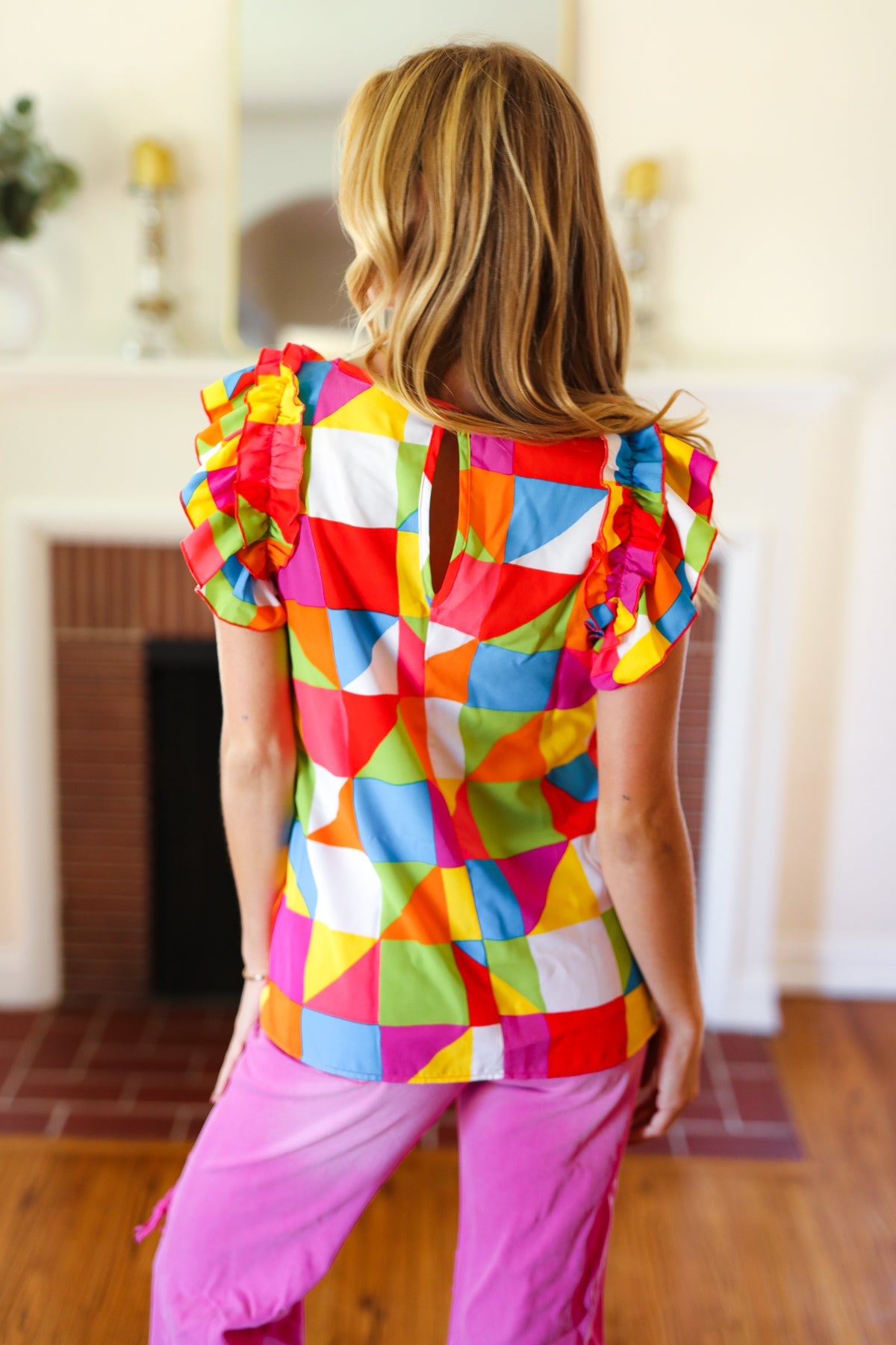 You Got This Red Geometric Print Double Ruffle Sleeve Top - Charming Charlie