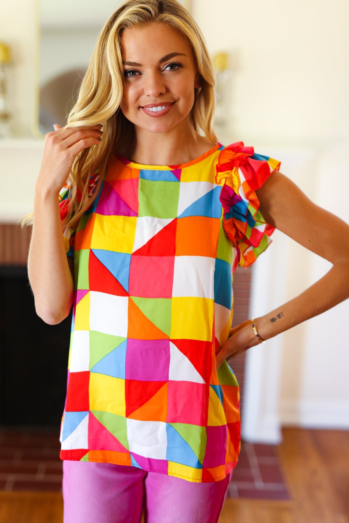 You Got This Red Geometric Print Double Ruffle Sleeve Top - Charming Charlie