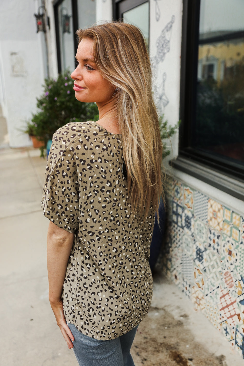 Best In Bold Sage Animal Print V Neck Dolman Side Slit Top - Charming Charlie