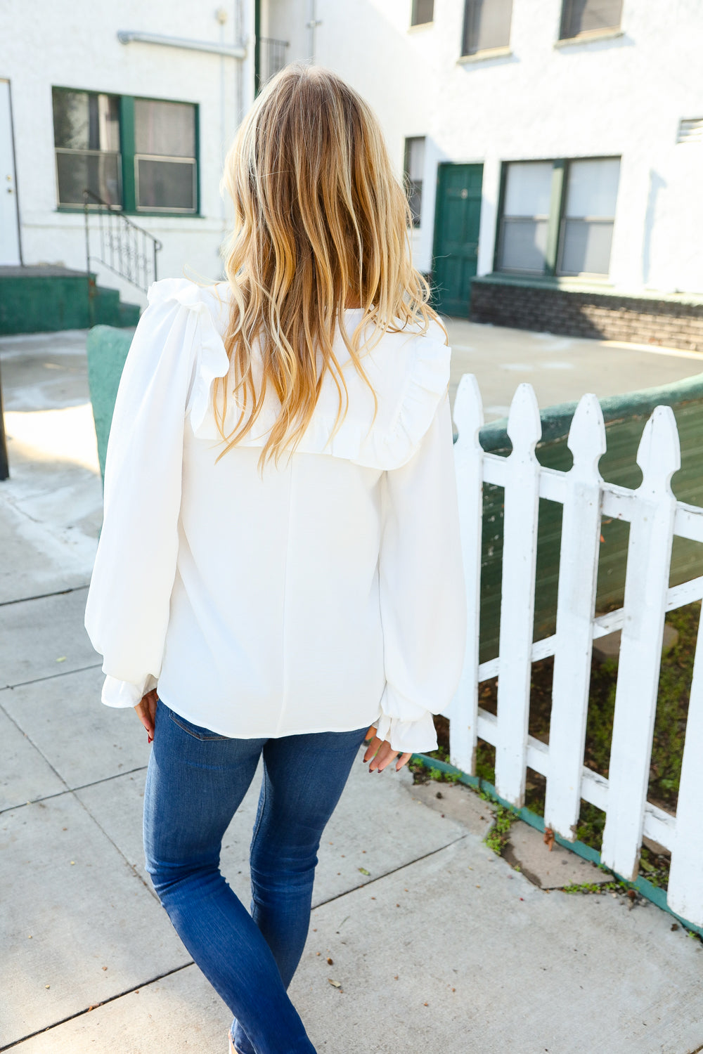 Eyes On You Ivory Ribbon Tie Bow Square Neck Ruffle Bubble Sleeve Blouse - Charming Charlie
