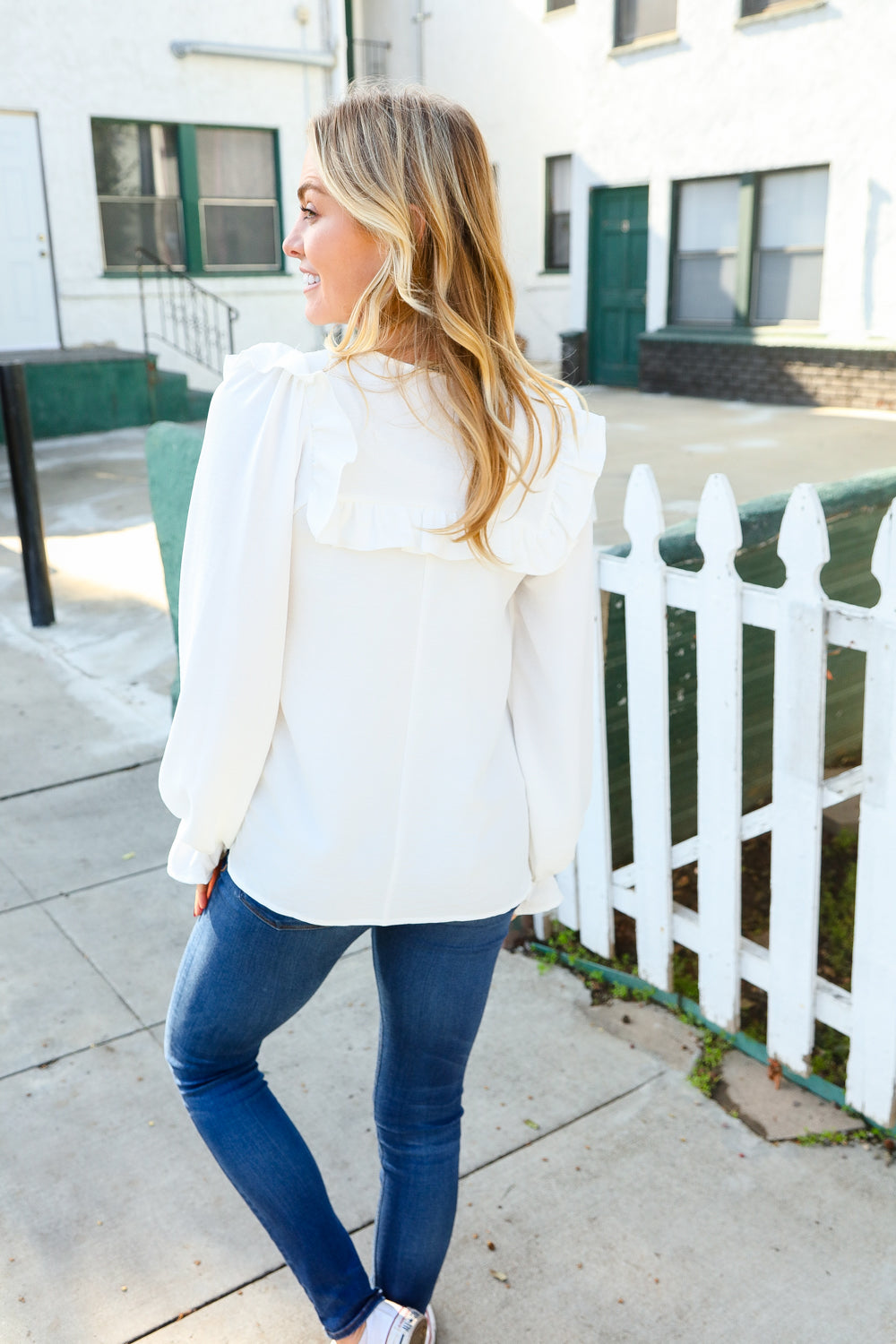 Eyes On You Ivory Ribbon Tie Bow Square Neck Ruffle Bubble Sleeve Blouse - Charming Charlie