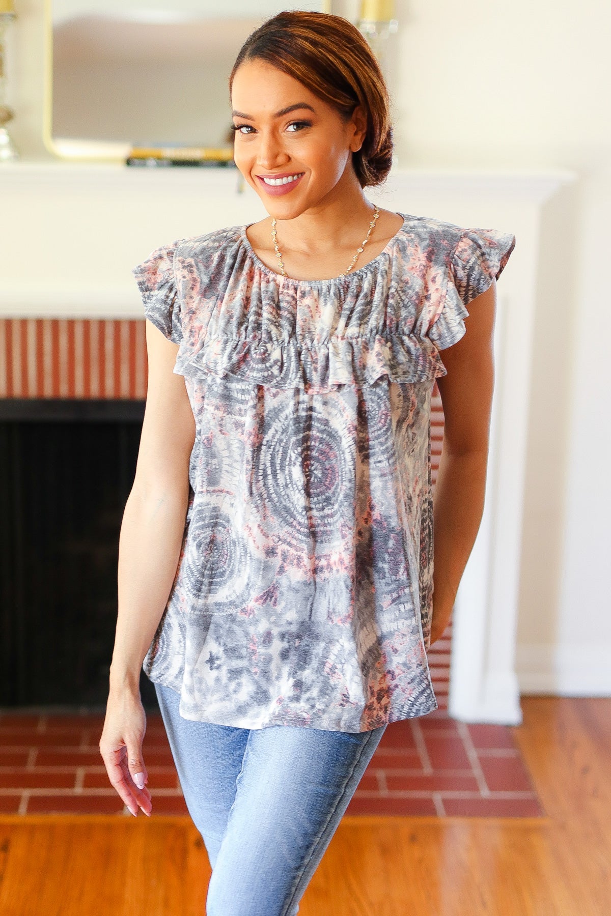 Everyday Gray & Coral Tie Dye Frilled Short Sleeve Yoke Top - Charming Charlie