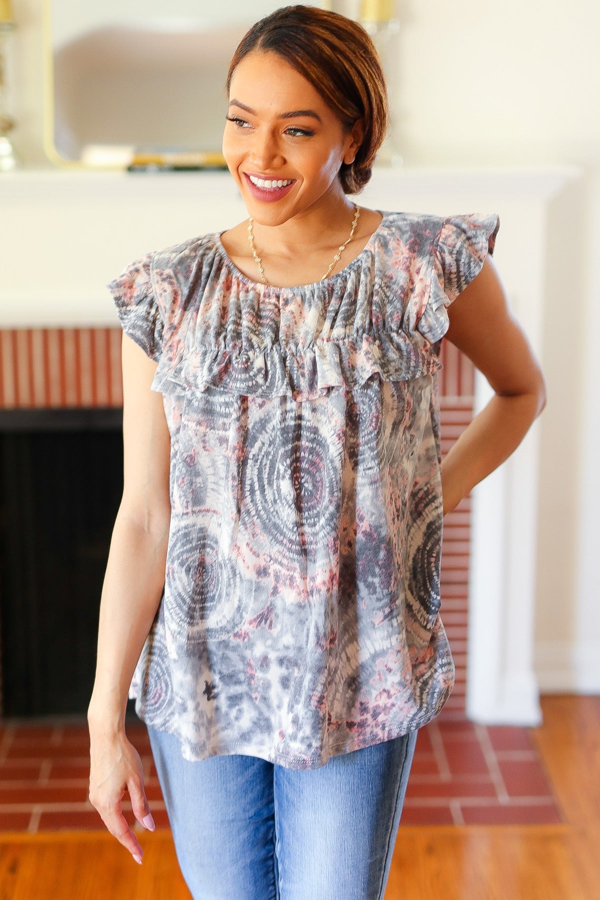 Everyday Gray & Coral Tie Dye Frilled Short Sleeve Yoke Top - Charming Charlie