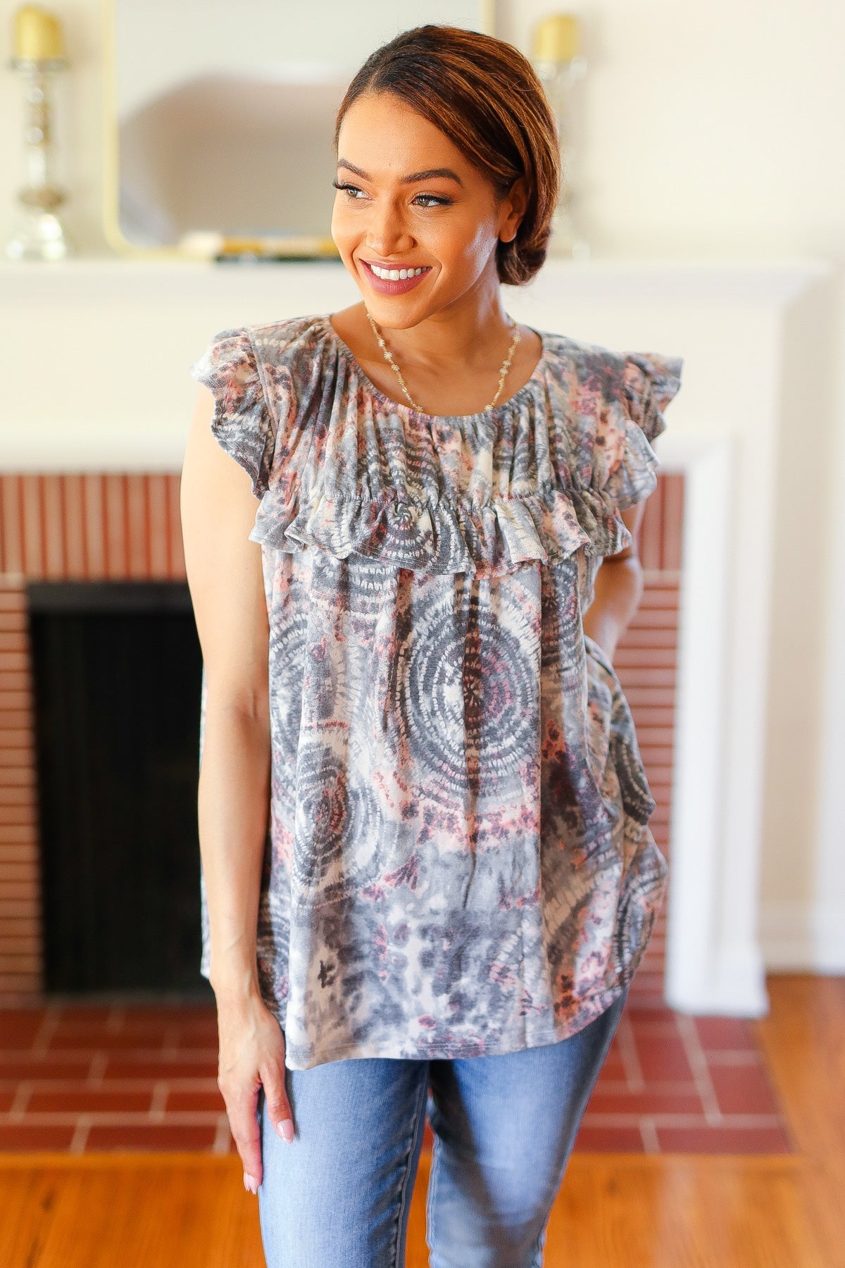 Everyday Gray & Coral Tie Dye Frilled Short Sleeve Yoke Top - Charming Charlie