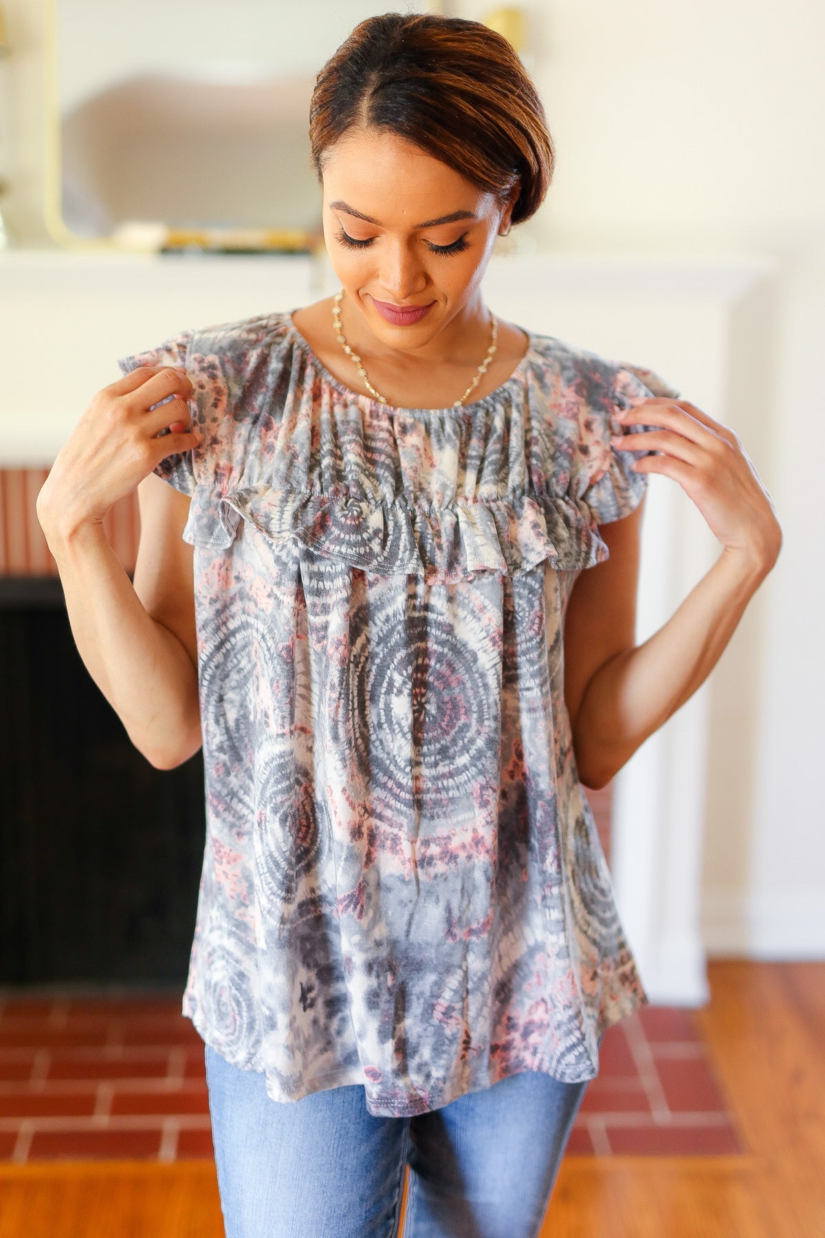 Everyday Gray & Coral Tie Dye Frilled Short Sleeve Yoke Top - Charming Charlie