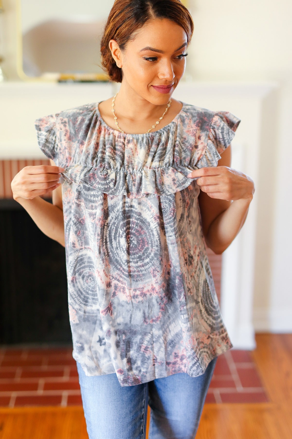 Everyday Gray & Coral Tie Dye Frilled Short Sleeve Yoke Top - Charming Charlie