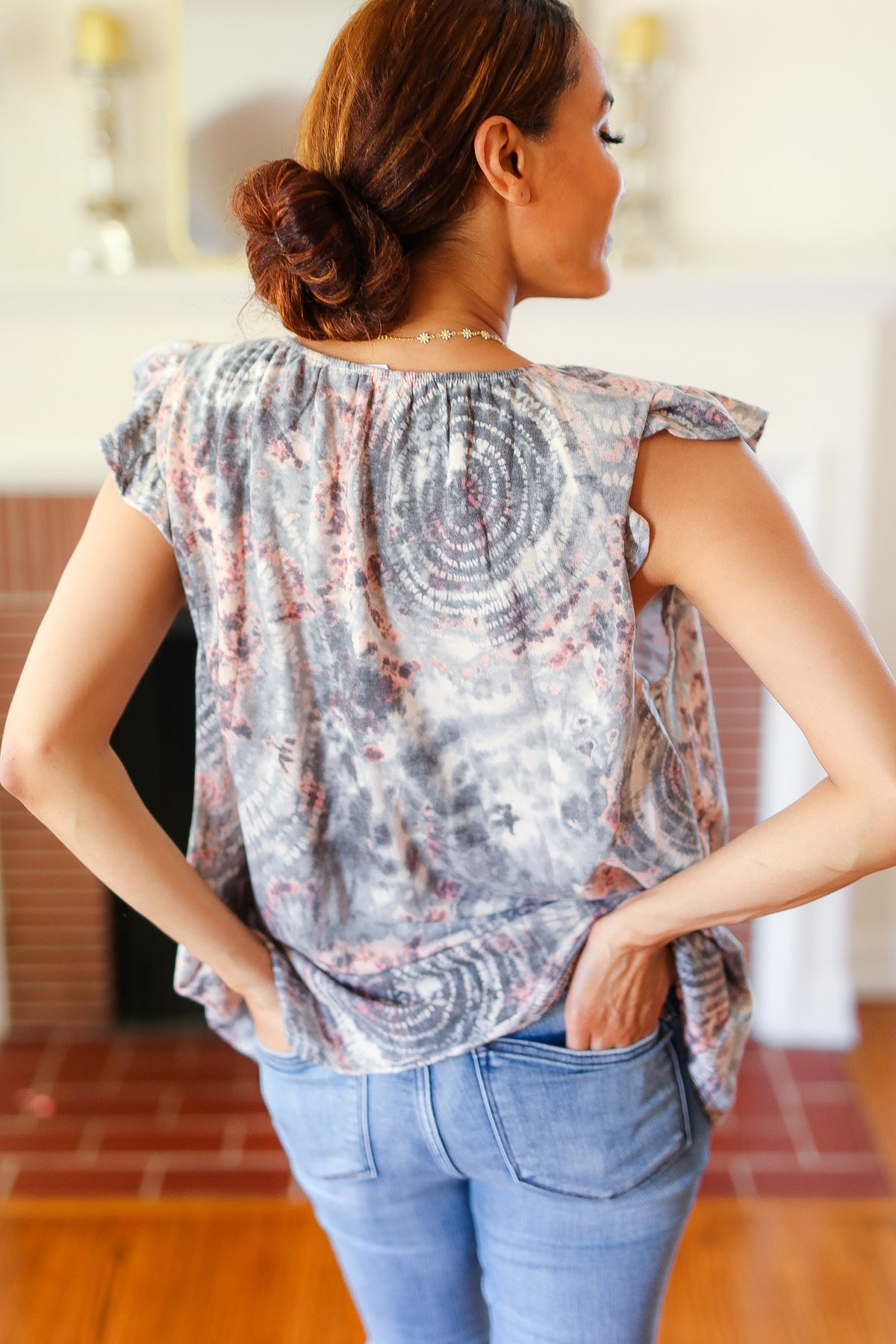 Everyday Gray & Coral Tie Dye Frilled Short Sleeve Yoke Top - Charming Charlie