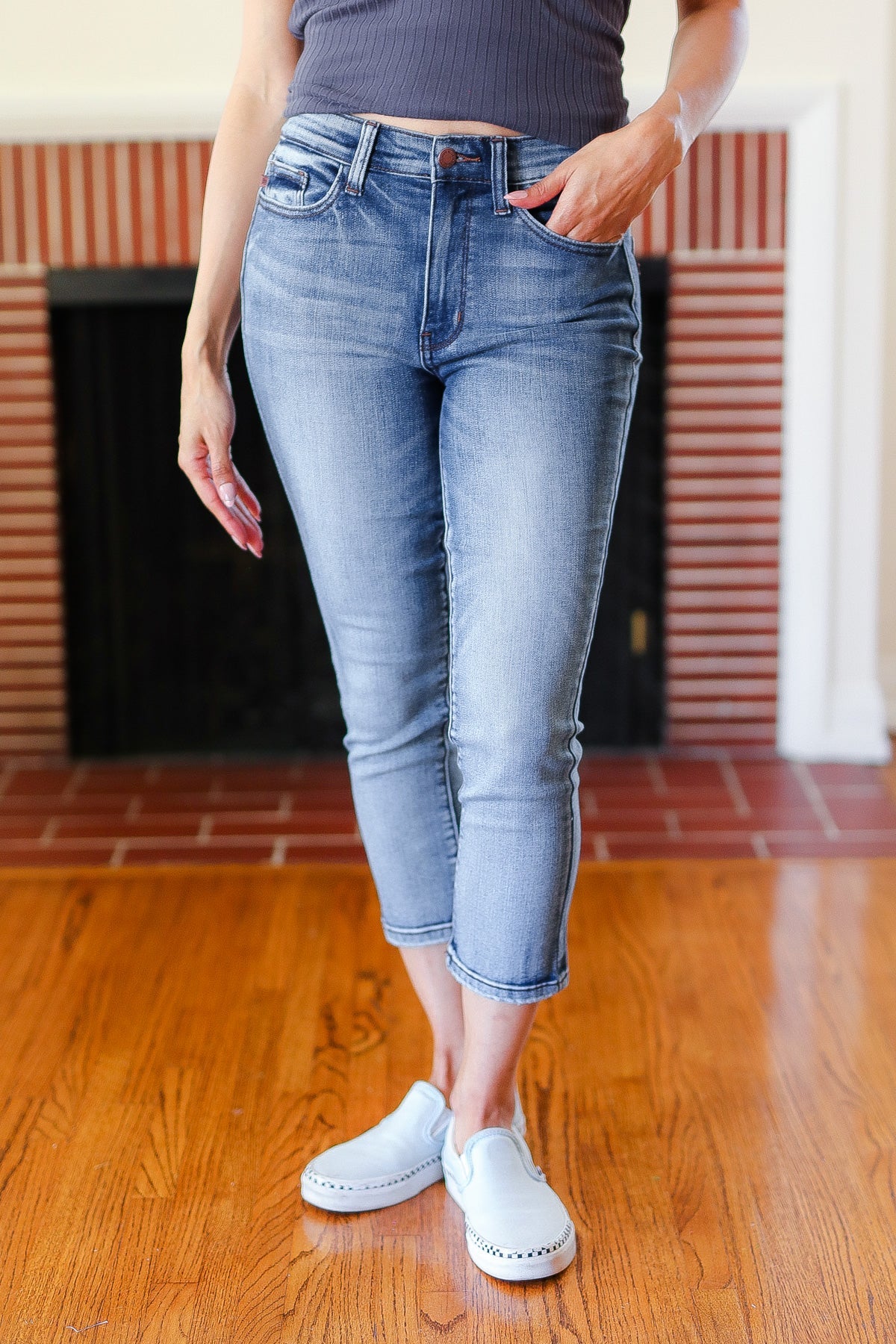 Judy Blue Medium Wash Mid Rise Skinny Capri - Charming Charlie