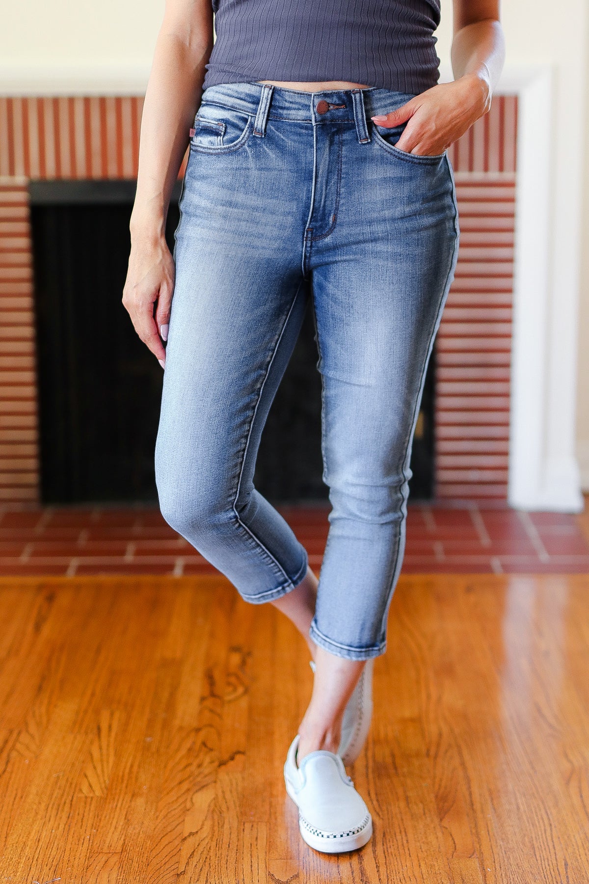 Judy Blue Medium Wash Mid Rise Skinny Capri - Charming Charlie