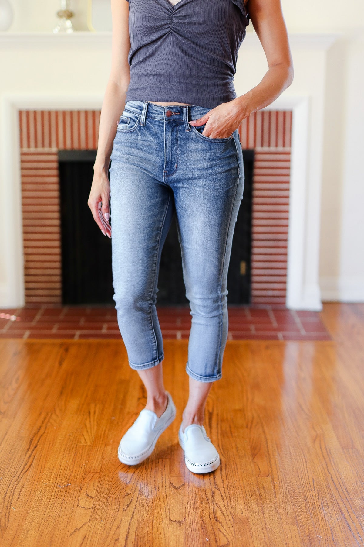 Judy Blue Medium Wash Mid Rise Skinny Capri - Charming Charlie