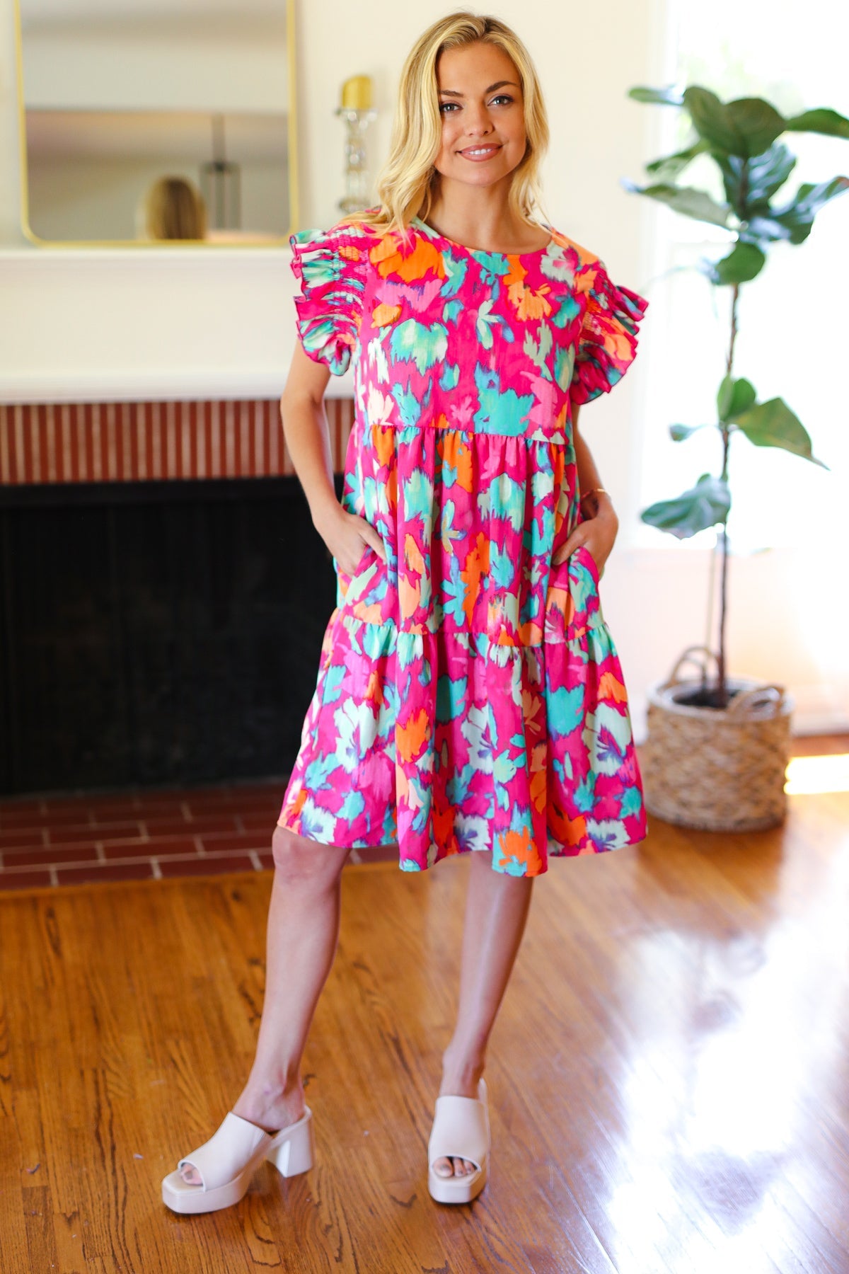 Look of Love Fuchsia Abstract Floral Print Smocked Ruffle Sleeve Dress - Charming Charlie