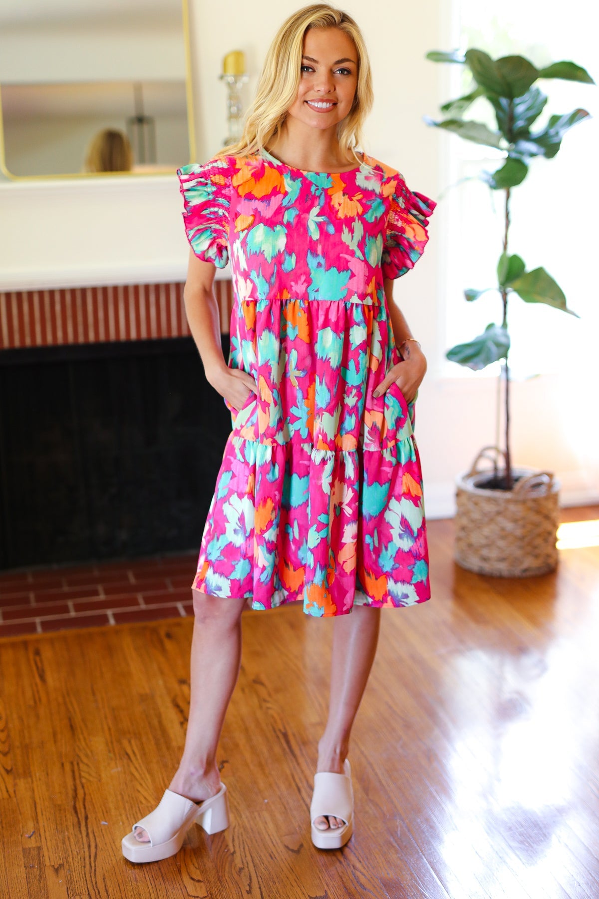 Look of Love Fuchsia Abstract Floral Print Smocked Ruffle Sleeve Dress - Charming Charlie