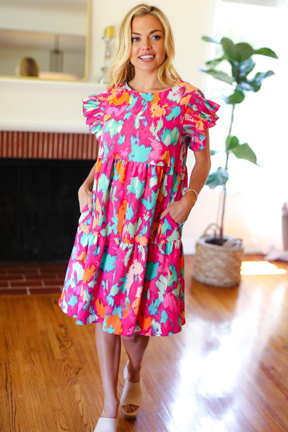 Look of Love Fuchsia Abstract Floral Print Smocked Ruffle Sleeve Dress - Charming Charlie