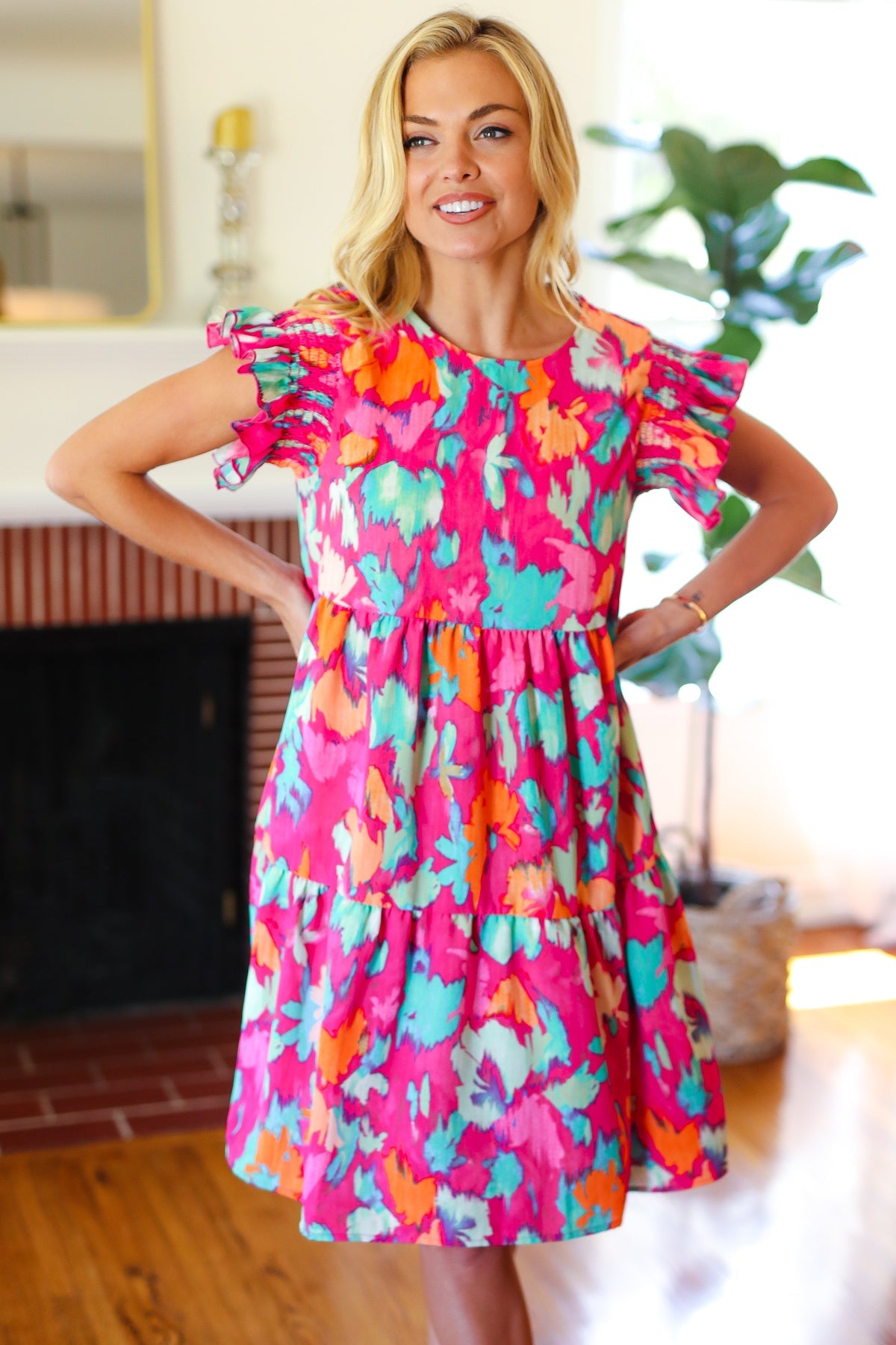 Look of Love Fuchsia Abstract Floral Print Smocked Ruffle Sleeve Dress - Charming Charlie
