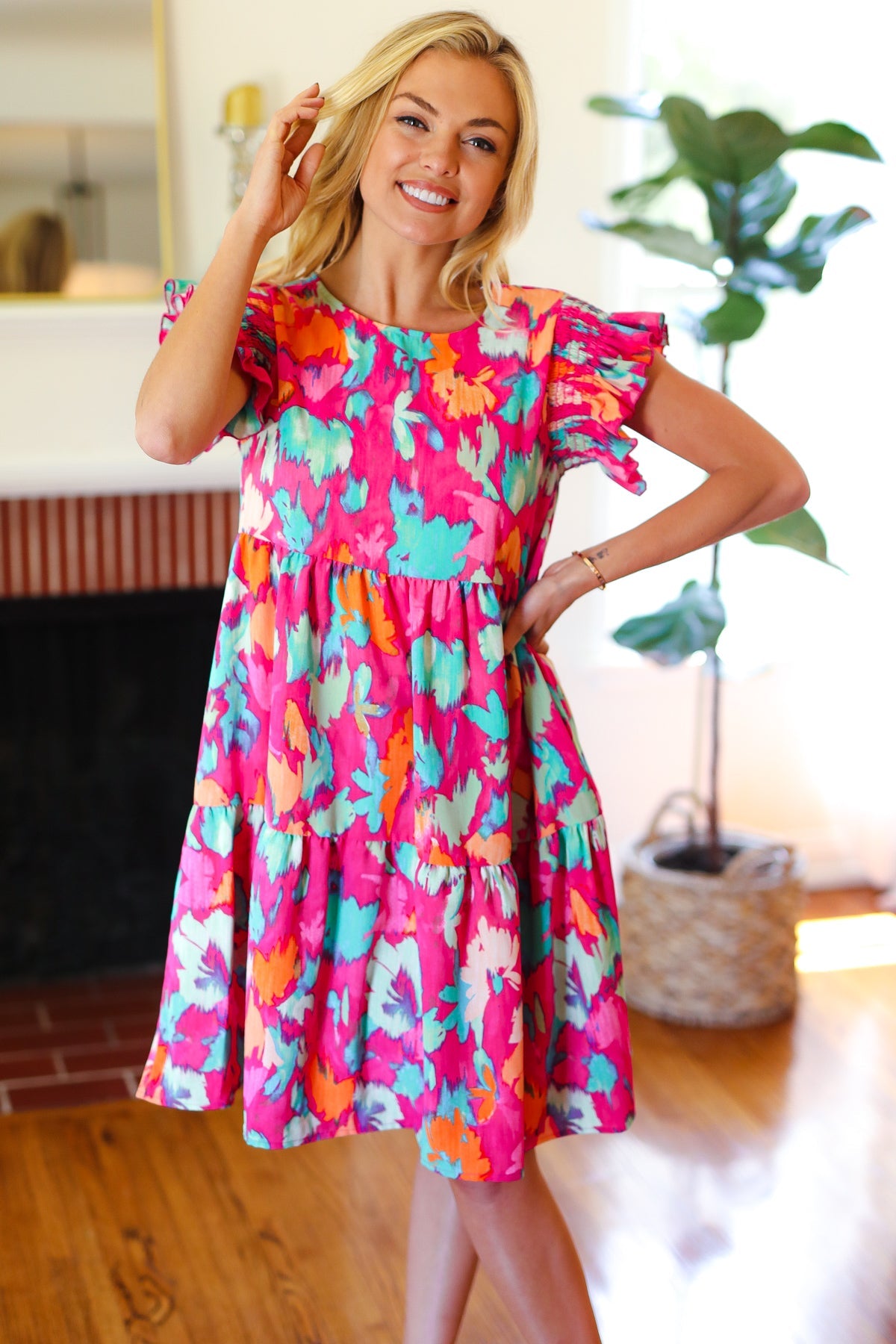 Look of Love Fuchsia Abstract Floral Print Smocked Ruffle Sleeve Dress - Charming Charlie