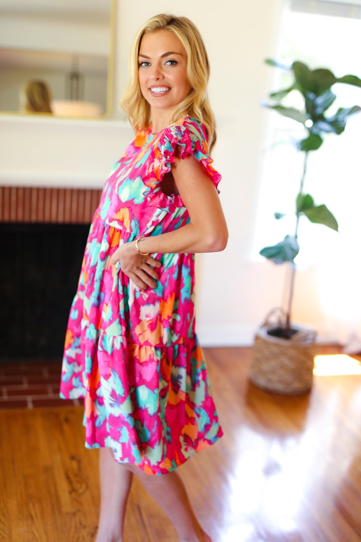 Look of Love Fuchsia Abstract Floral Print Smocked Ruffle Sleeve Dress - Charming Charlie