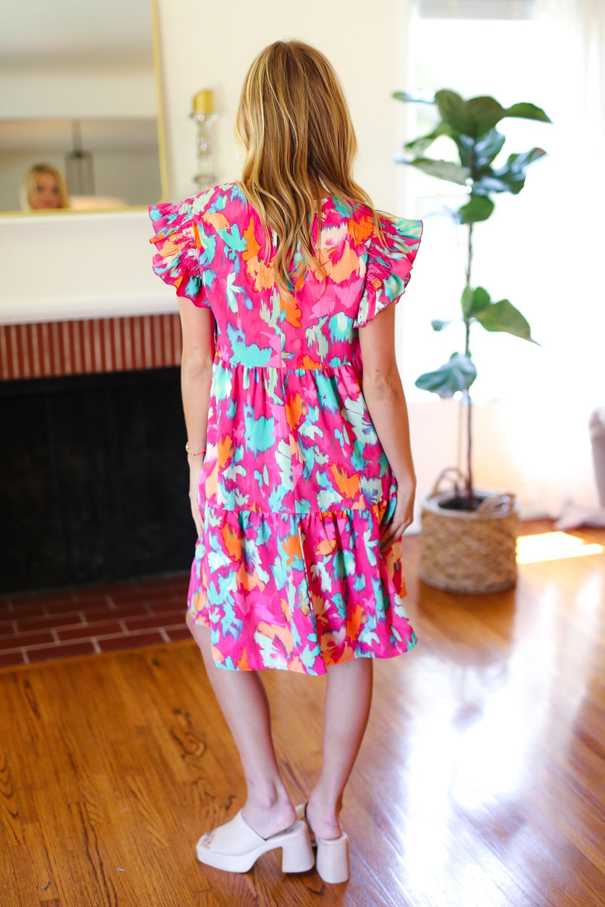 Look of Love Fuchsia Abstract Floral Print Smocked Ruffle Sleeve Dress - Charming Charlie