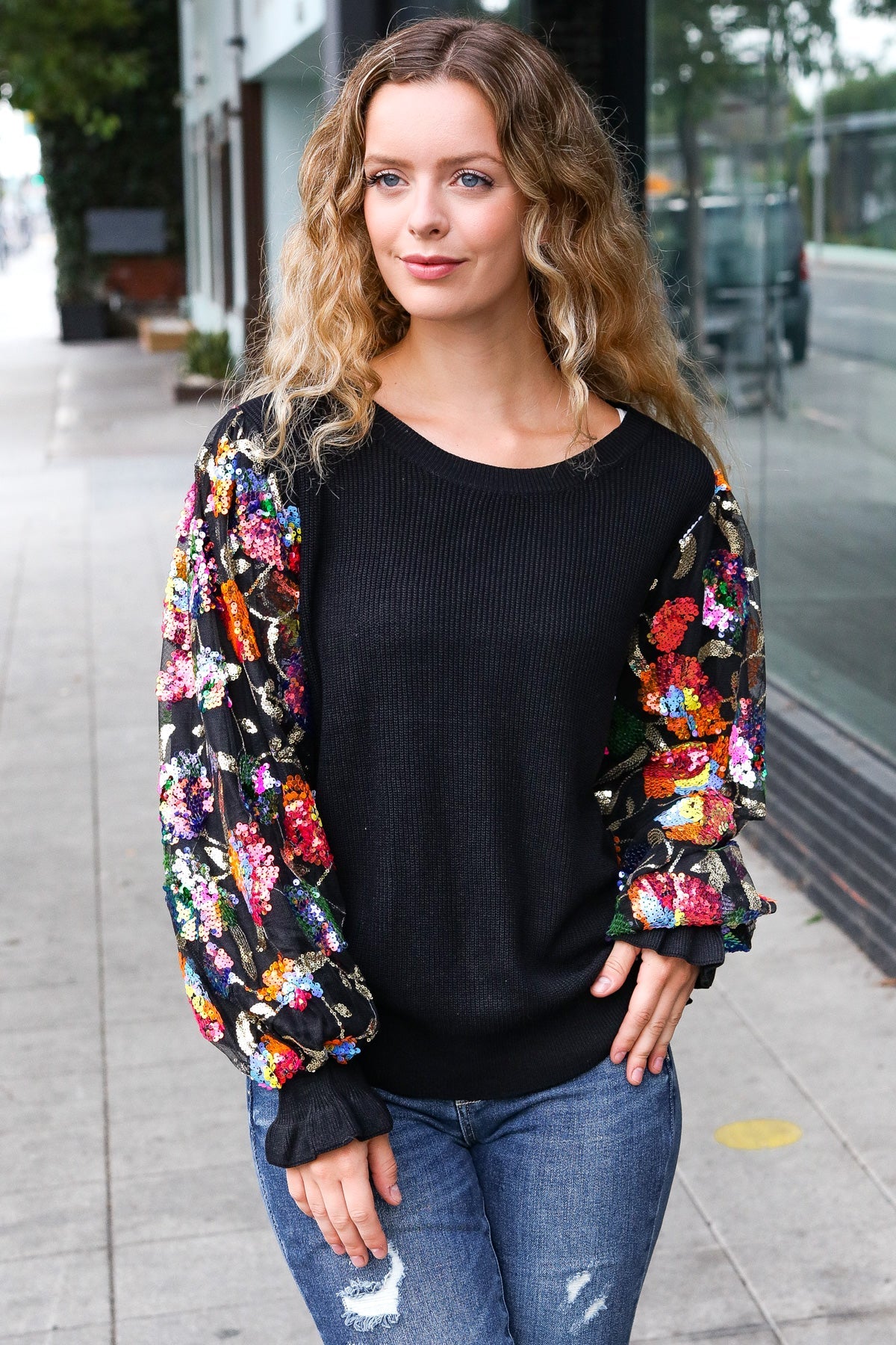 Diva Dreams Black Floral Sequin Mesh Sleeve Rib Knit Top - Charming Charlie