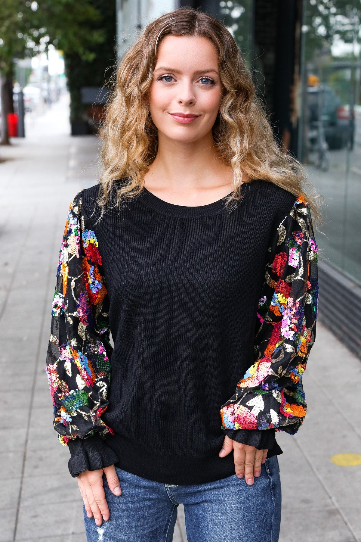 Diva Dreams Black Floral Sequin Mesh Sleeve Rib Knit Top - Charming Charlie
